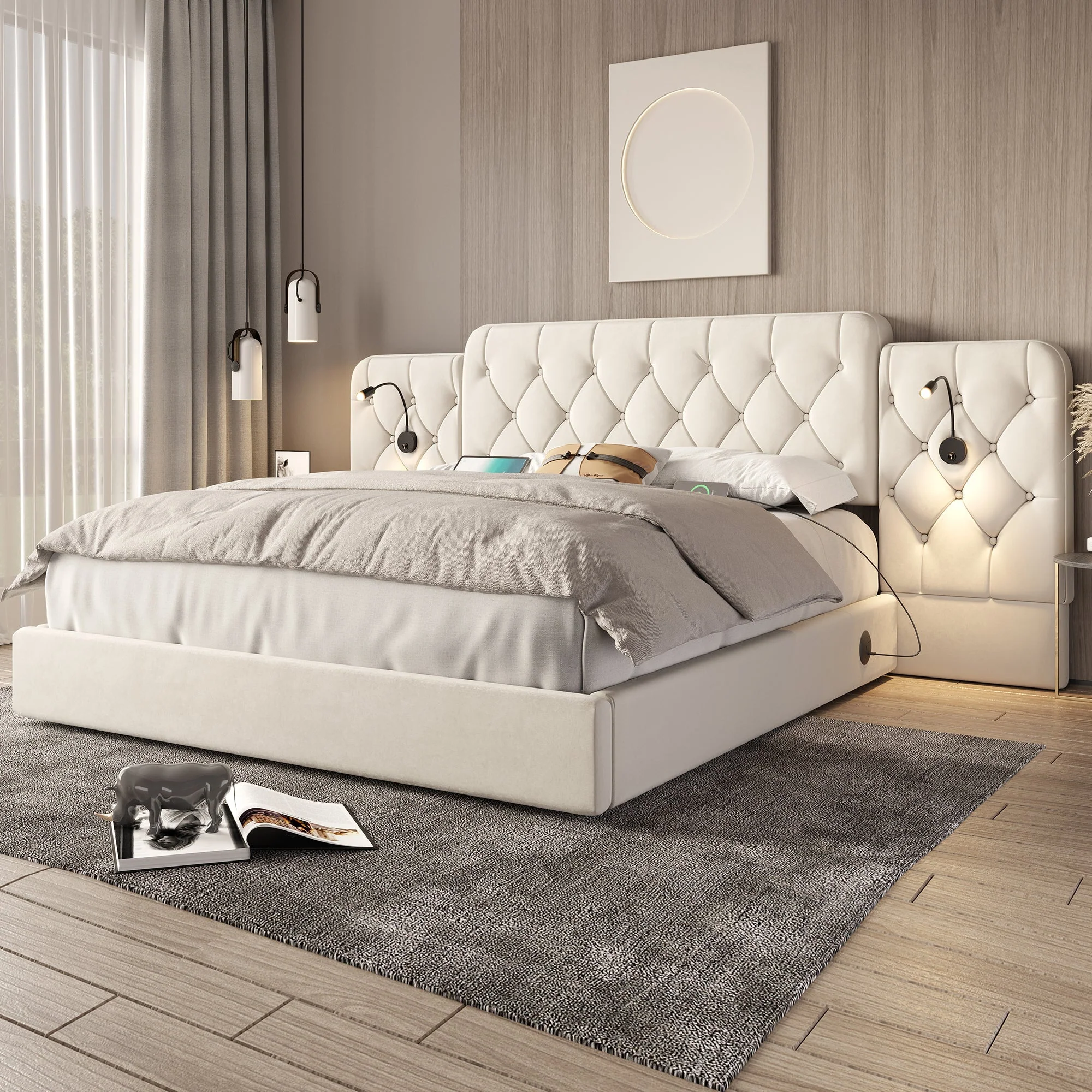 Bed Frame 180x200cm Hydraulic Storage Long Headboard USB/Lamp - Velvet Beige
