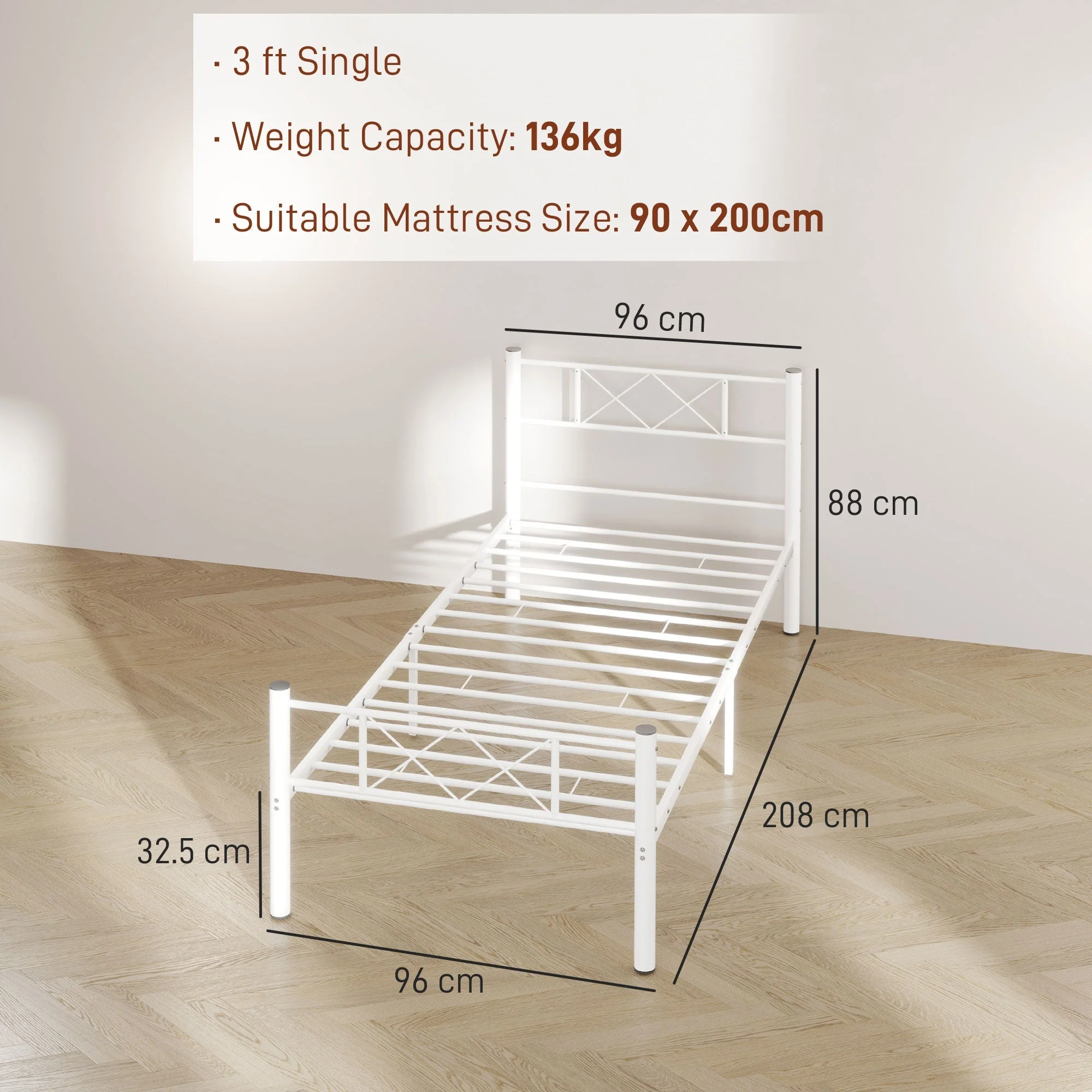 Bed Frame, 200 x 90 cm, 88 cm High, Single, Steel, White - Image 3