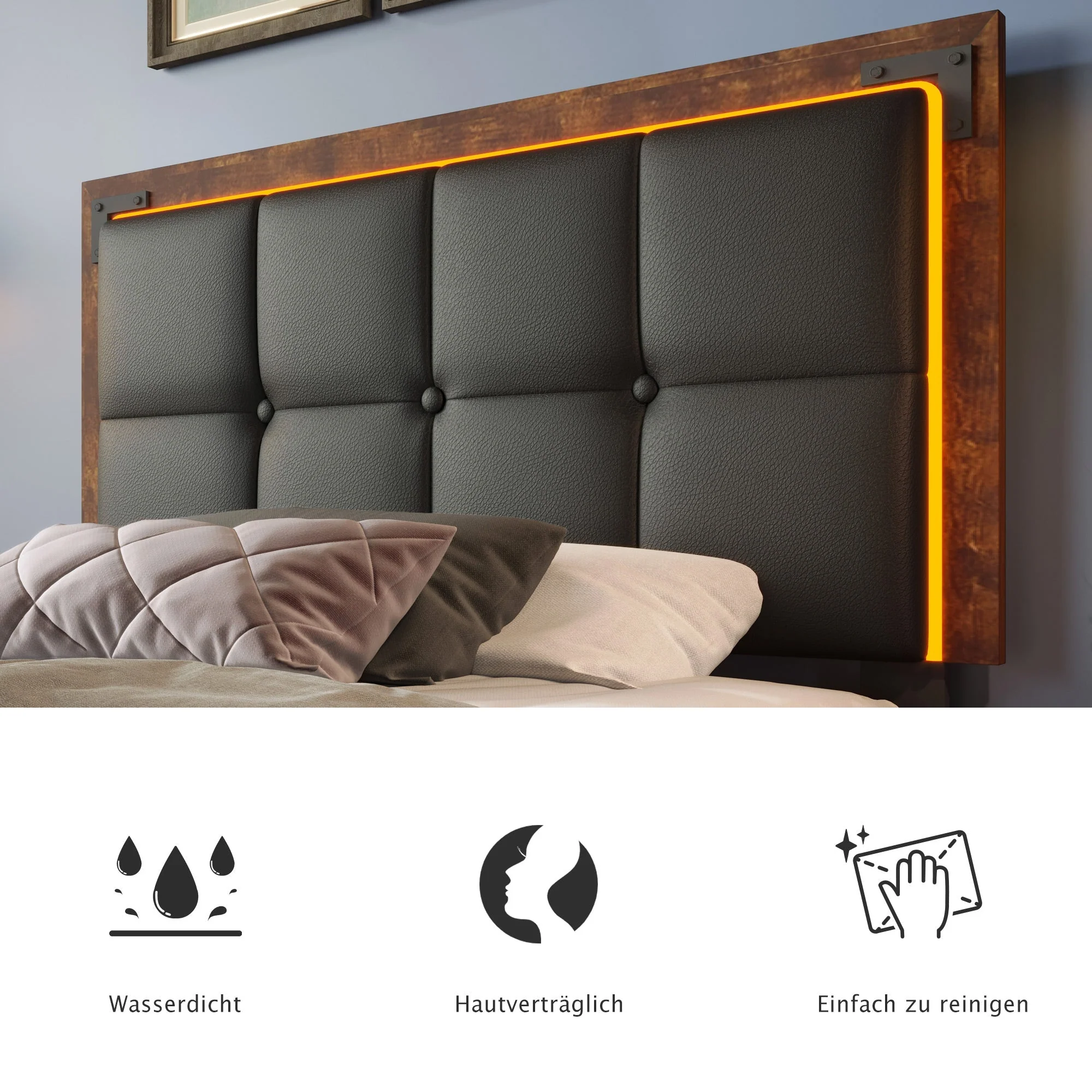 Bed Frame, LED, 4 Drawers, Adjustable Headboard, Single 90x200cm, PU Black - Image 7