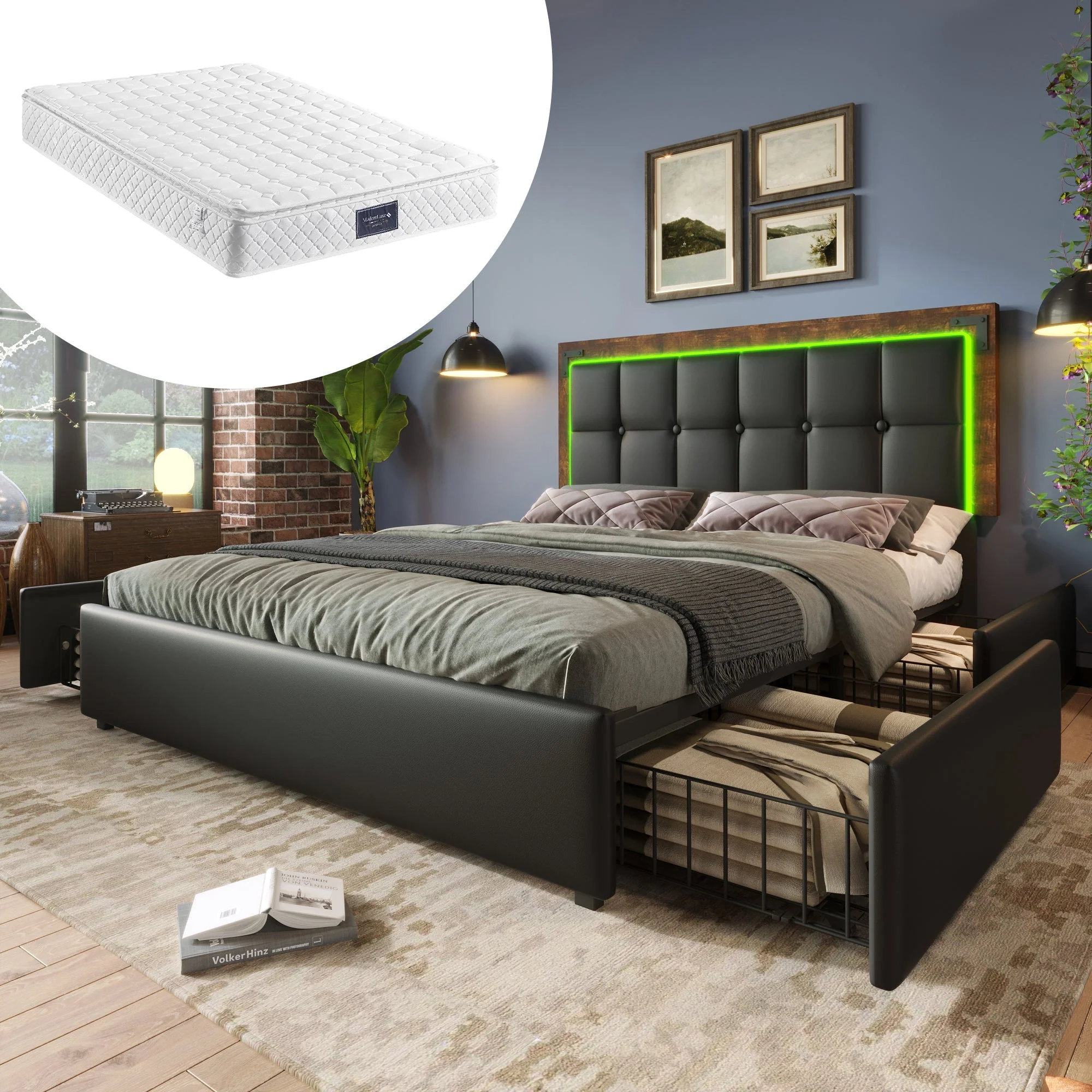 Bed Frame, LED Lighting, 4 Drawers, Adjustable Headboard, Double, Black PU Leather