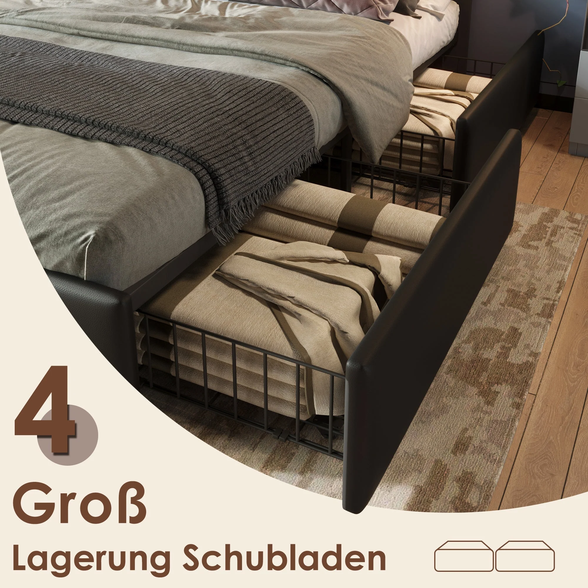 Bed Frame, LED Lighting, 4 Drawers, Adjustable Headboard, Double, Black PU Leather - Image 6