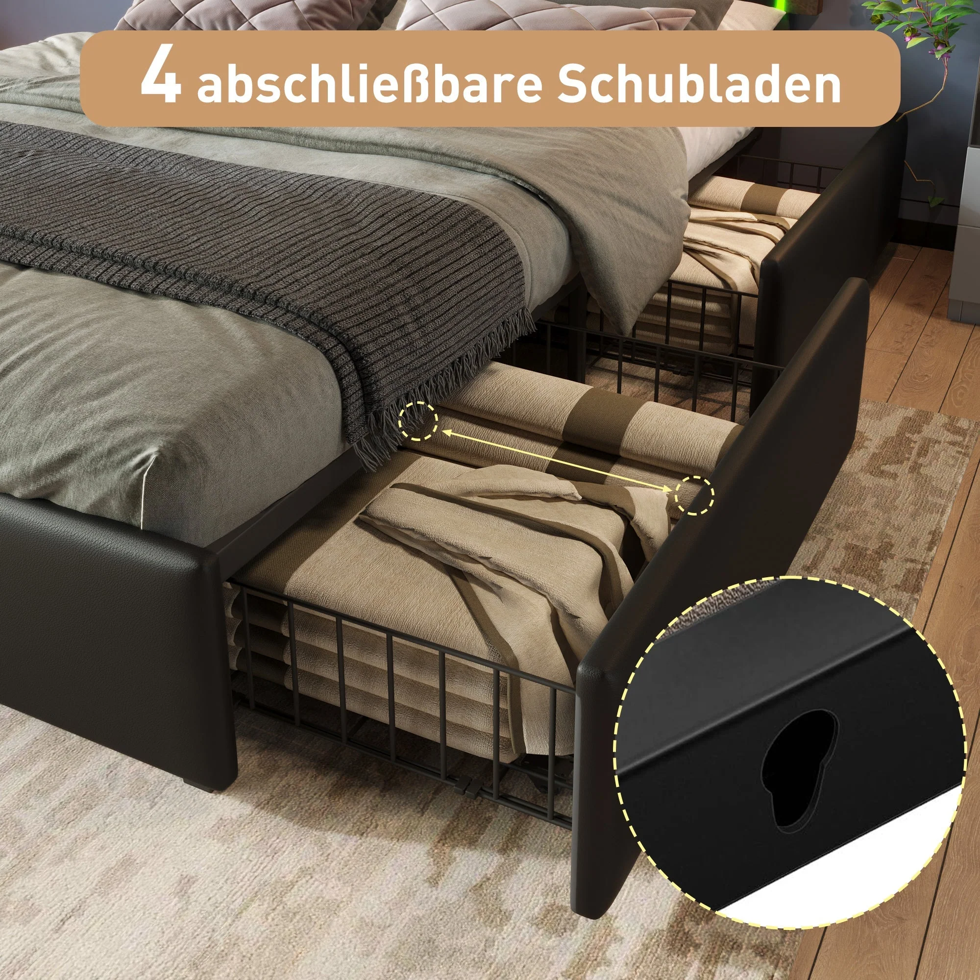 Bed Frame, LED Lighting, 4 Drawers, Adjustable Headboard, Double, Black PU Leather - Image 8