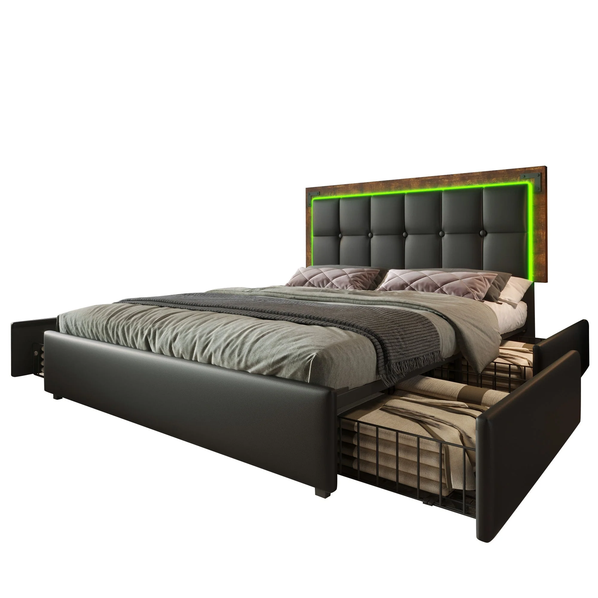Bed Frame, LED Lighting, 4 Drawers, Adjustable Headboard, Double, PU Black - Image 3