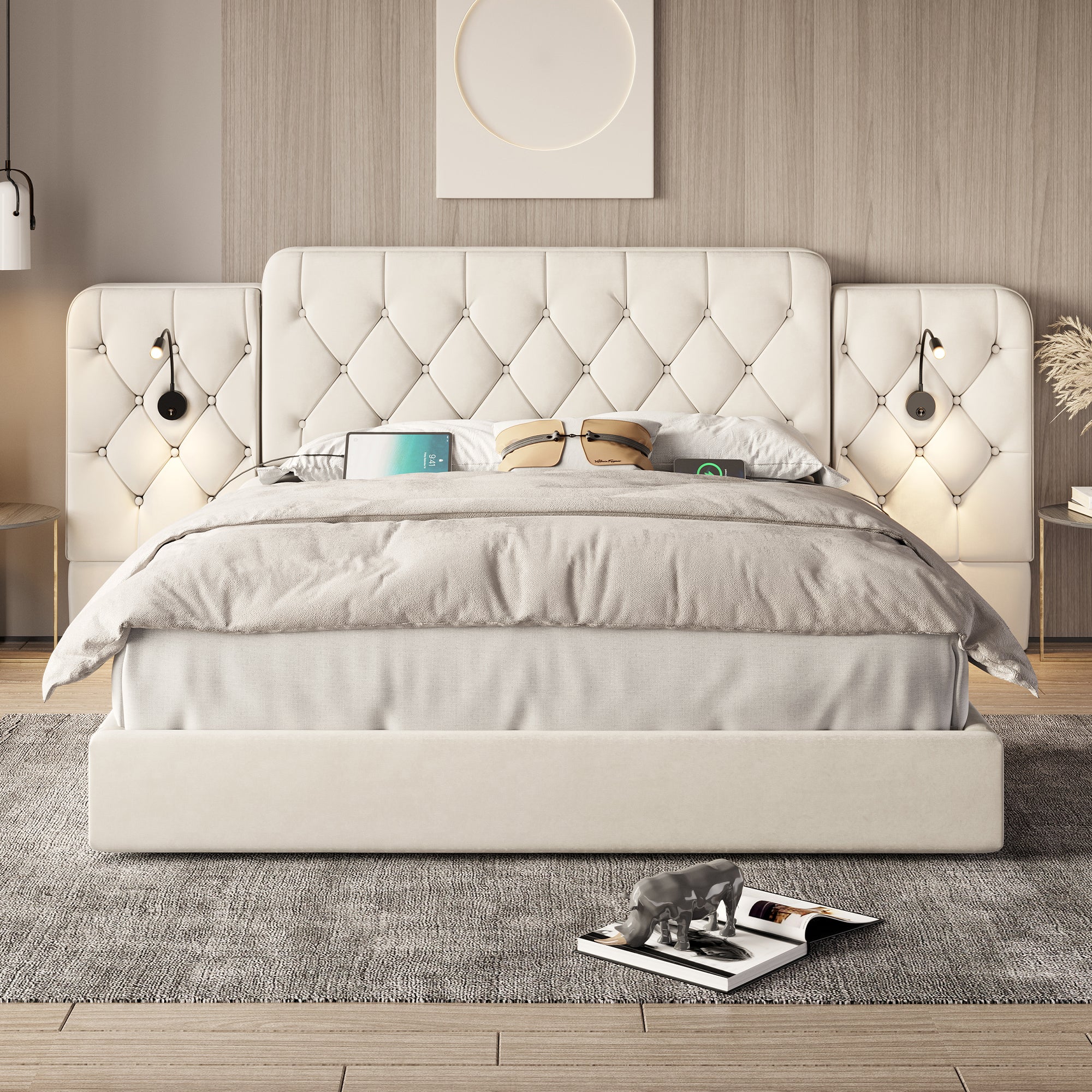Bed Frame Long Headboard USB/Lamp Hydraulic Storage 160x200cm, Velvet Beige - Image 3
