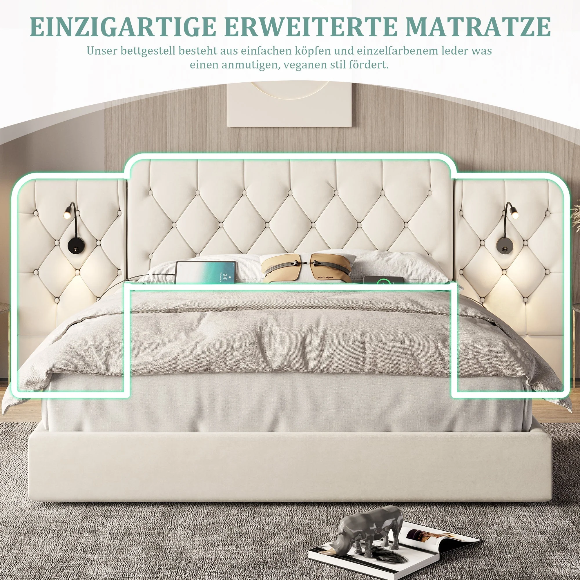 Bed Frame Long Headboard USB/Lamp Hydraulic Storage 160x200cm, Velvet Beige - Image 5