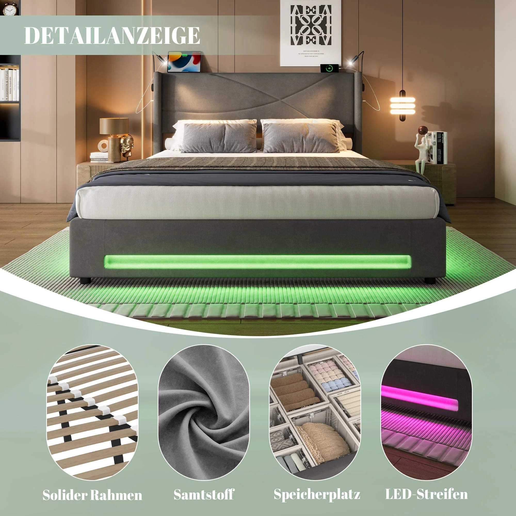 Bed Frame, Modern Design 160x200cm, Hydraulic Storage, LED Lights, USB Ports - Image 6