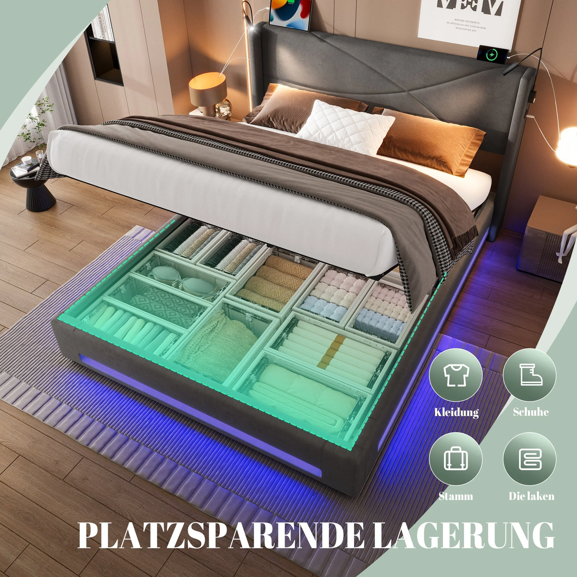 Bed Frame, Modern Design 160x200cm, Hydraulic Storage, LED Lights, USB Ports - Image 8