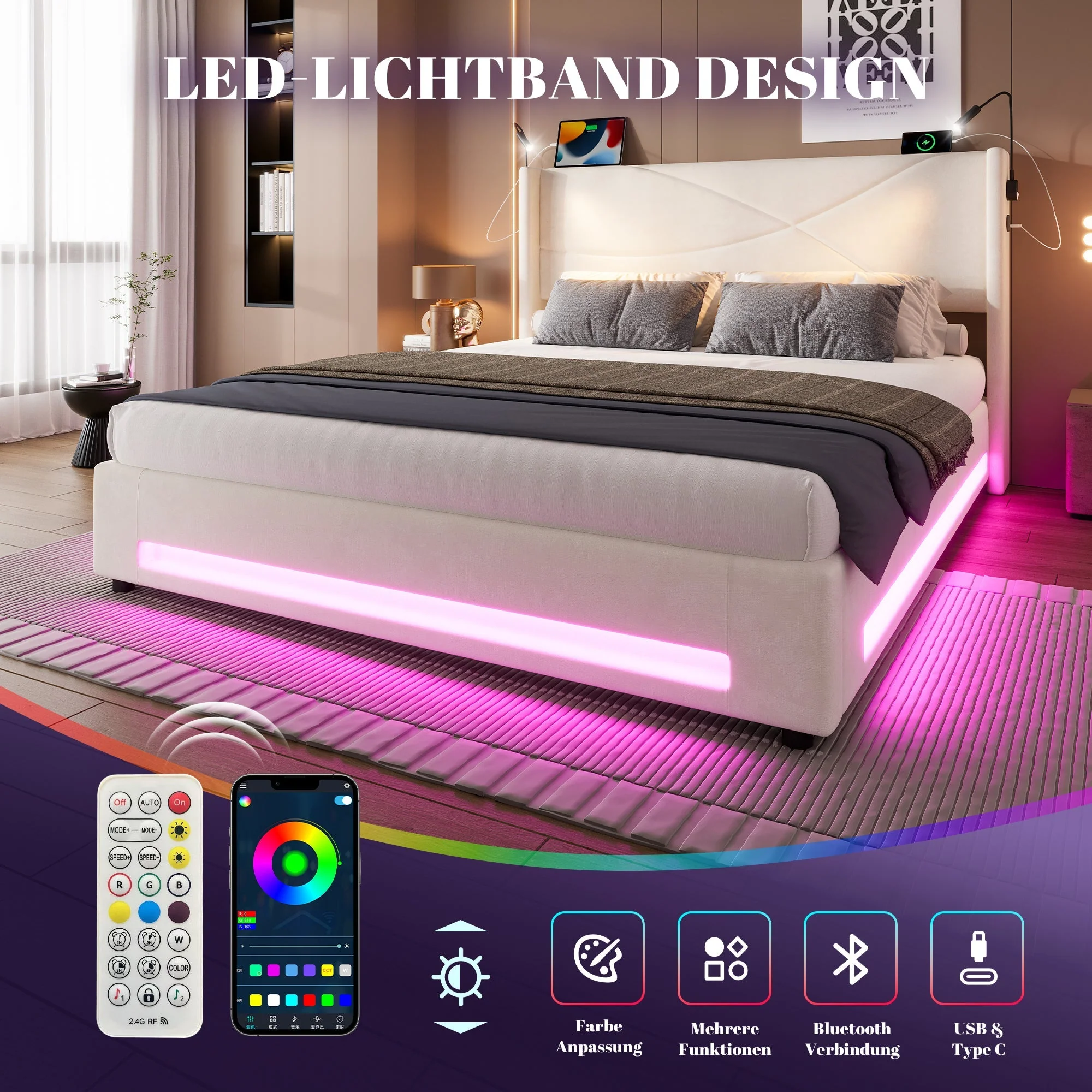 Bed Frame, Modern with Reading Lights, LED, Hydraulic Storage, USB Ports, 140x200cm - Image 4