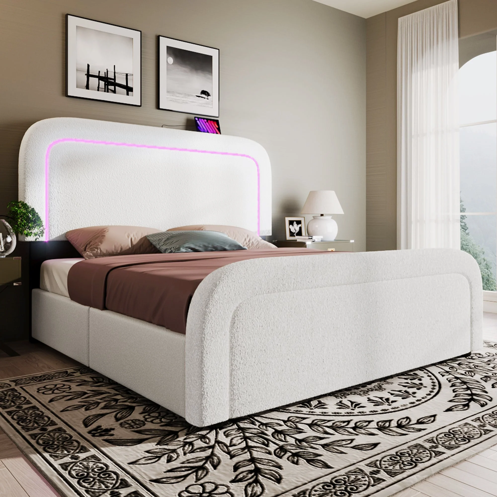 Bed Frame, USB-C Charging, LED, 4 Drawers, 140x200cm, Adjustable Headboard, Wooden Slats, Sherpa White - Image 10