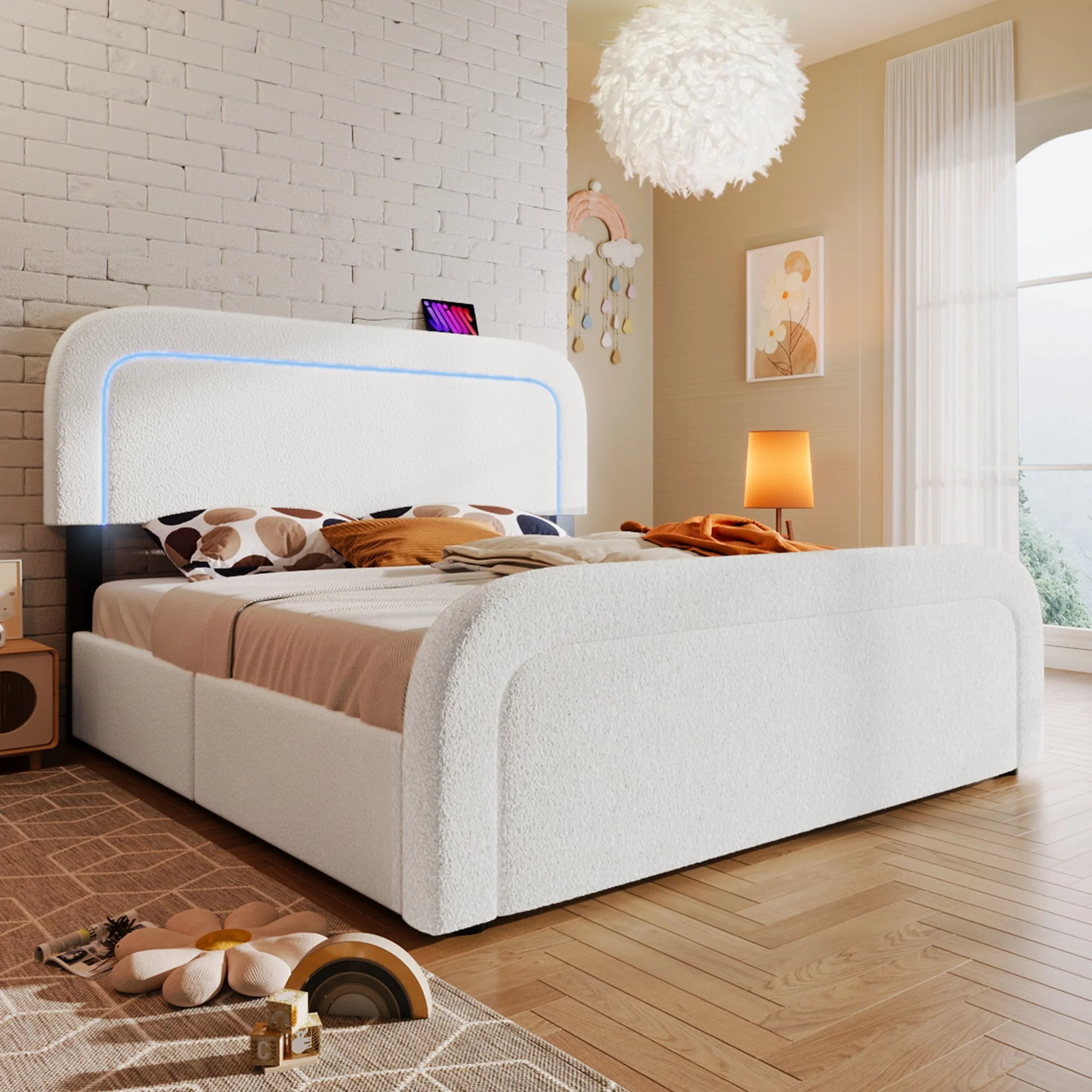 Bed Frame, USB-C, LED, 4-Drawer, 140x200cm, Adjustable Headboard, Sherpa White - Image 10