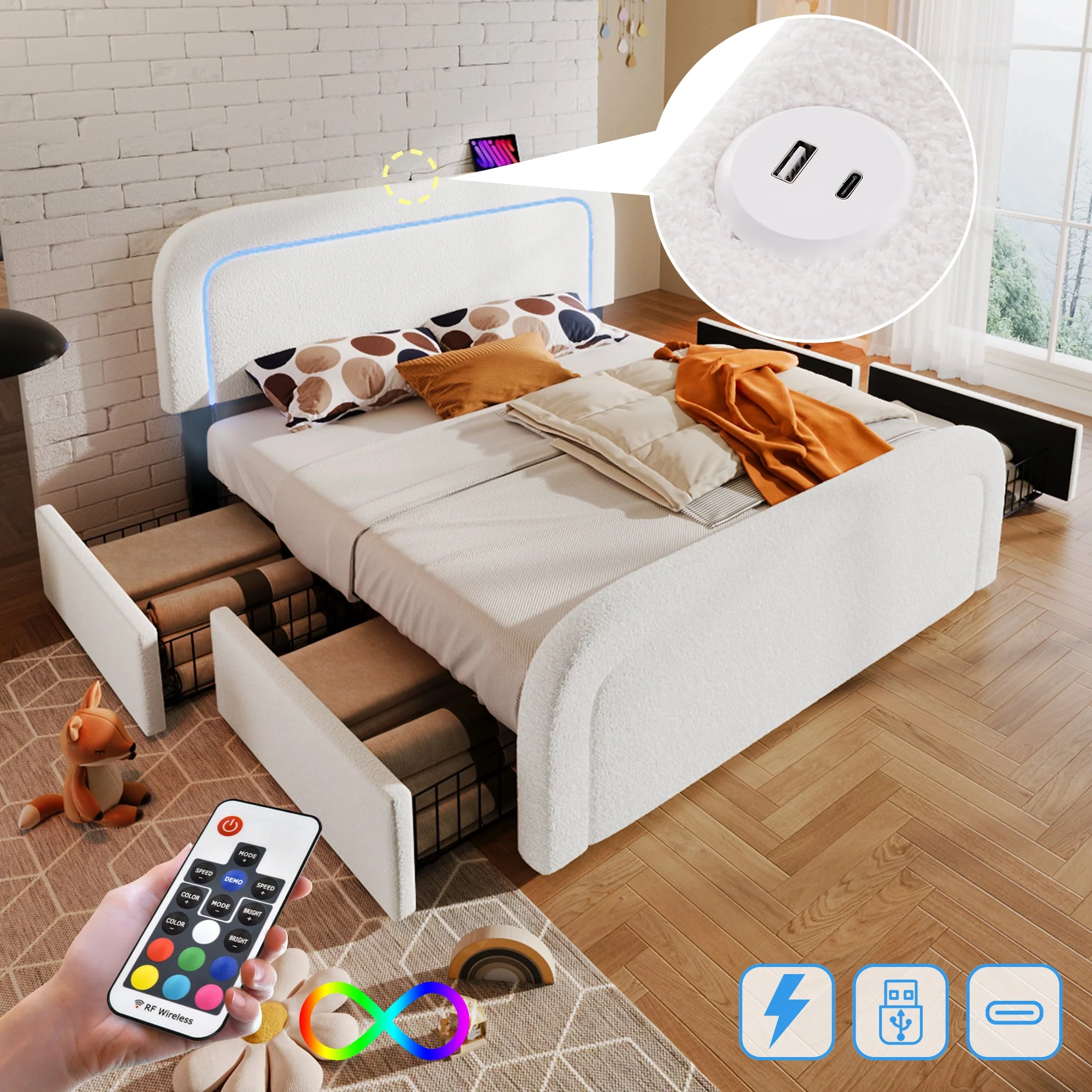 Bed Frame, USB-C, LED, 4-Drawer, 140x200cm, Adjustable Headboard, Sherpa White - Image 2