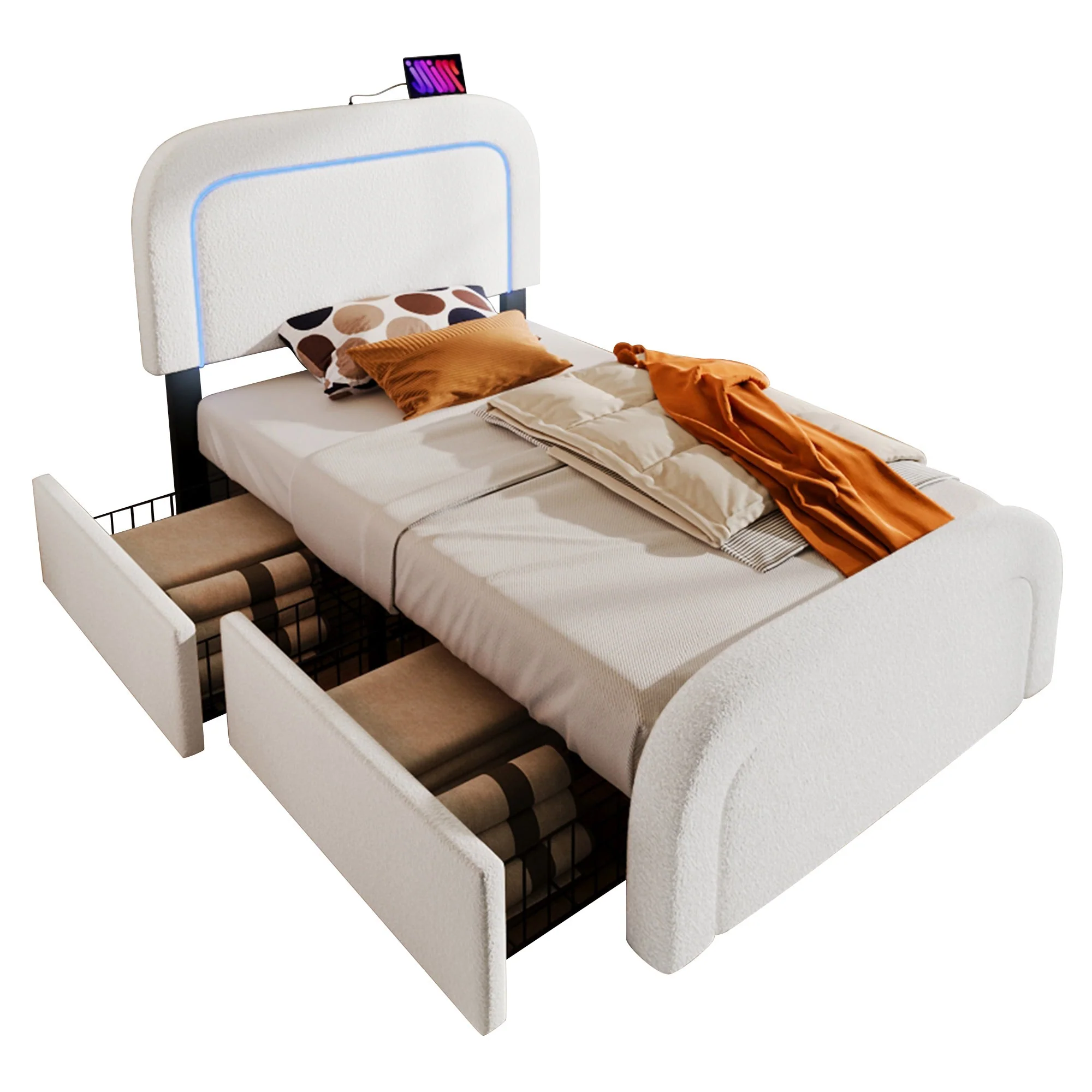 Bed Frame, USB Type-C, LED, 2-Drawer, Single, Upholstered, Sherpa White - Image 4