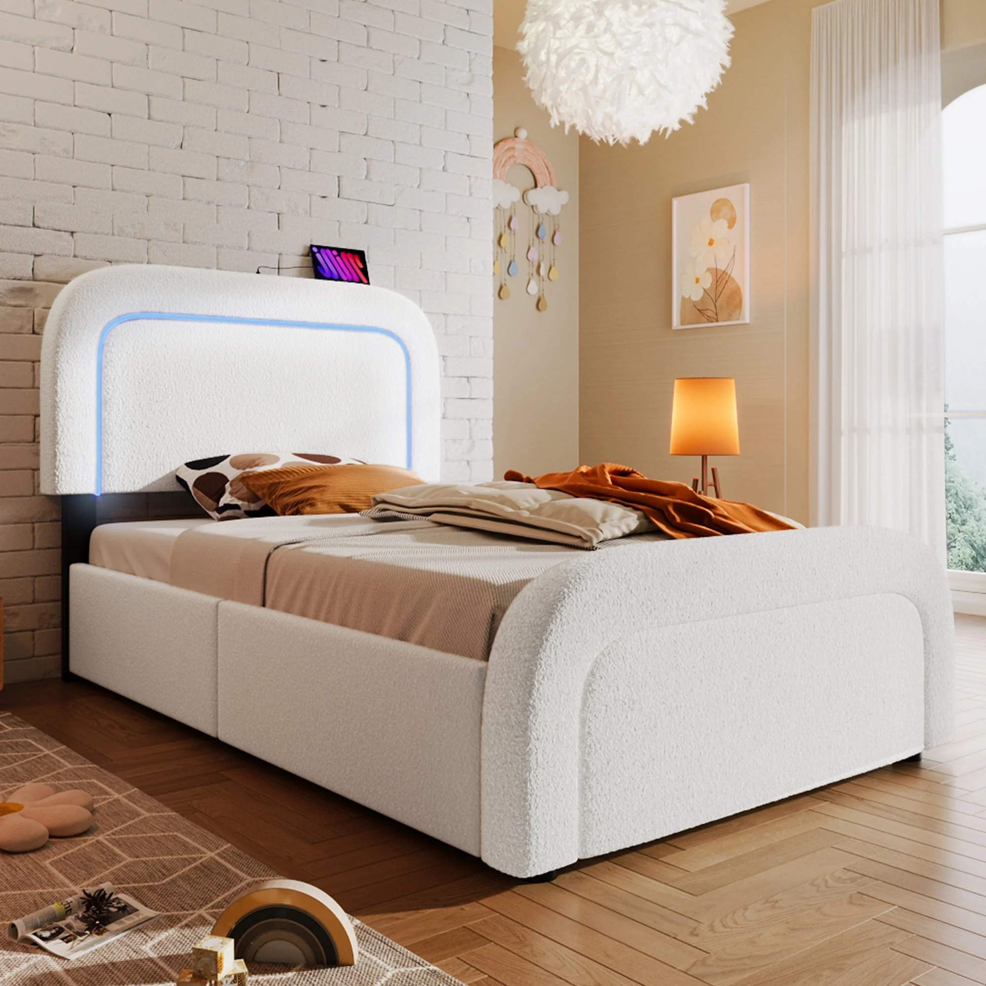 Bed Frame, USB Type-C, LED, 2-Drawer, Single, Upholstered, Sherpa White - Image 7