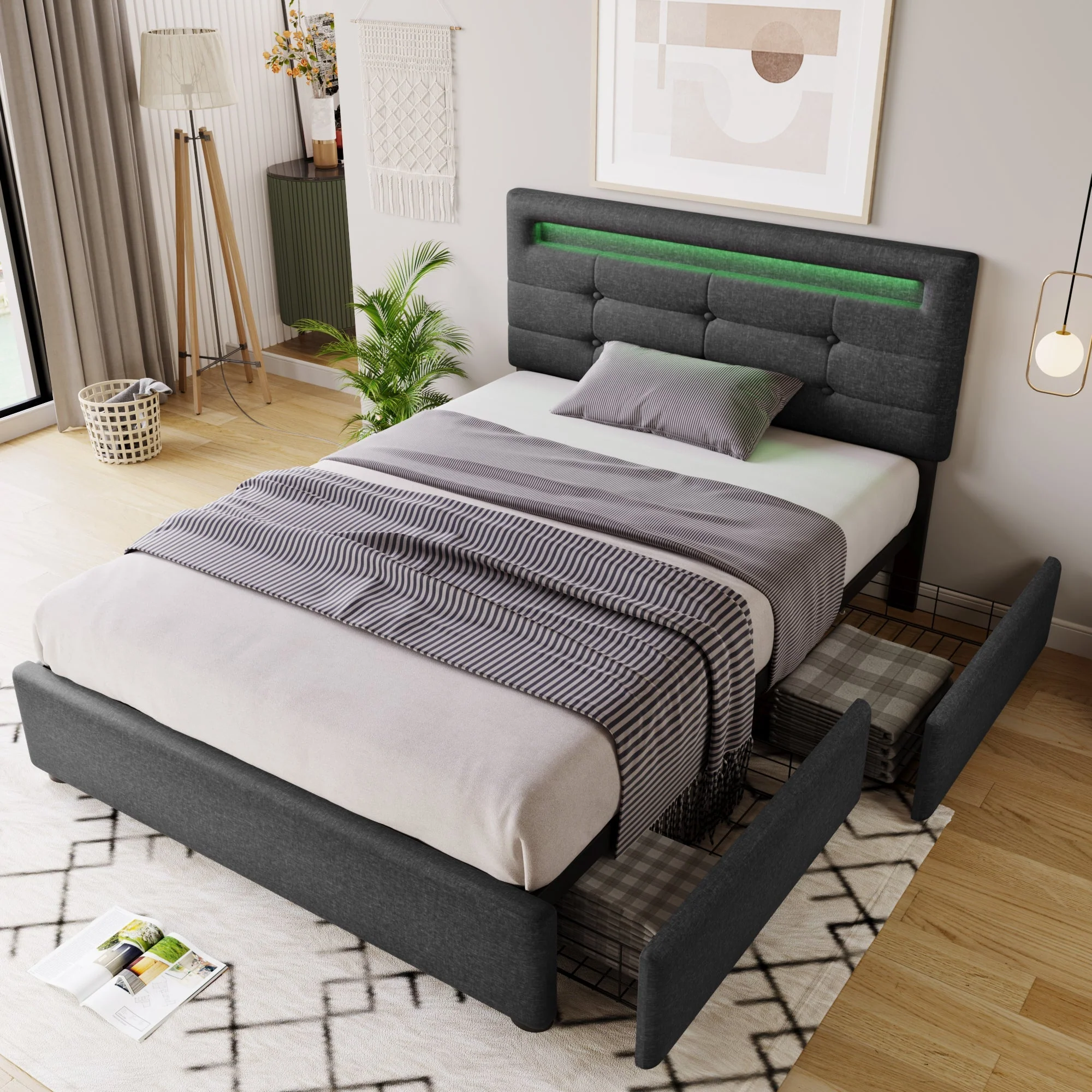 Bed Frame with LED, 2-Drawer, Adjustable Headboard, Wooden Slats, Grey - Image 8