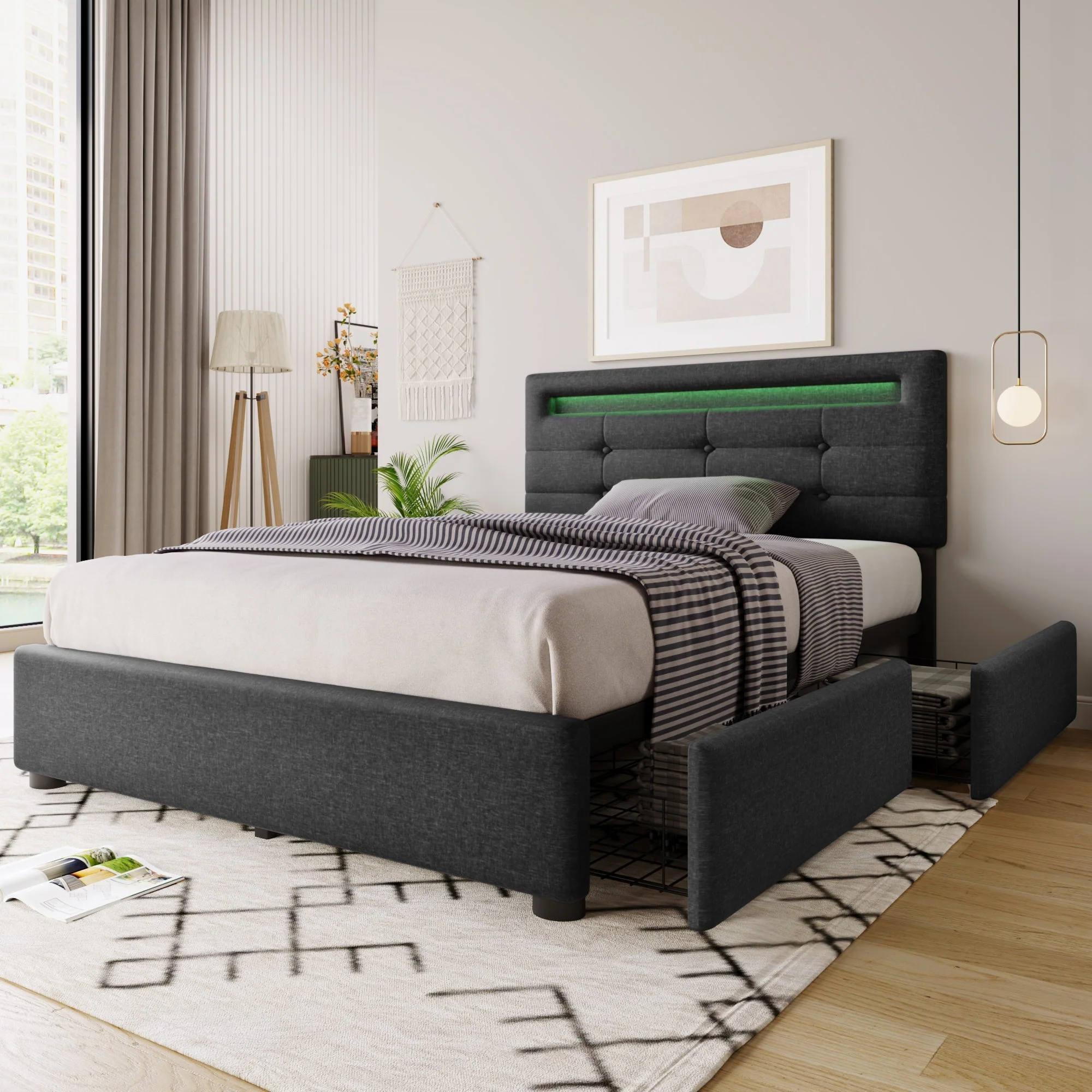 Bed Frame with LED, 2-Drawer, Adjustable Headboard, Wooden Slats, Grey - Image 9