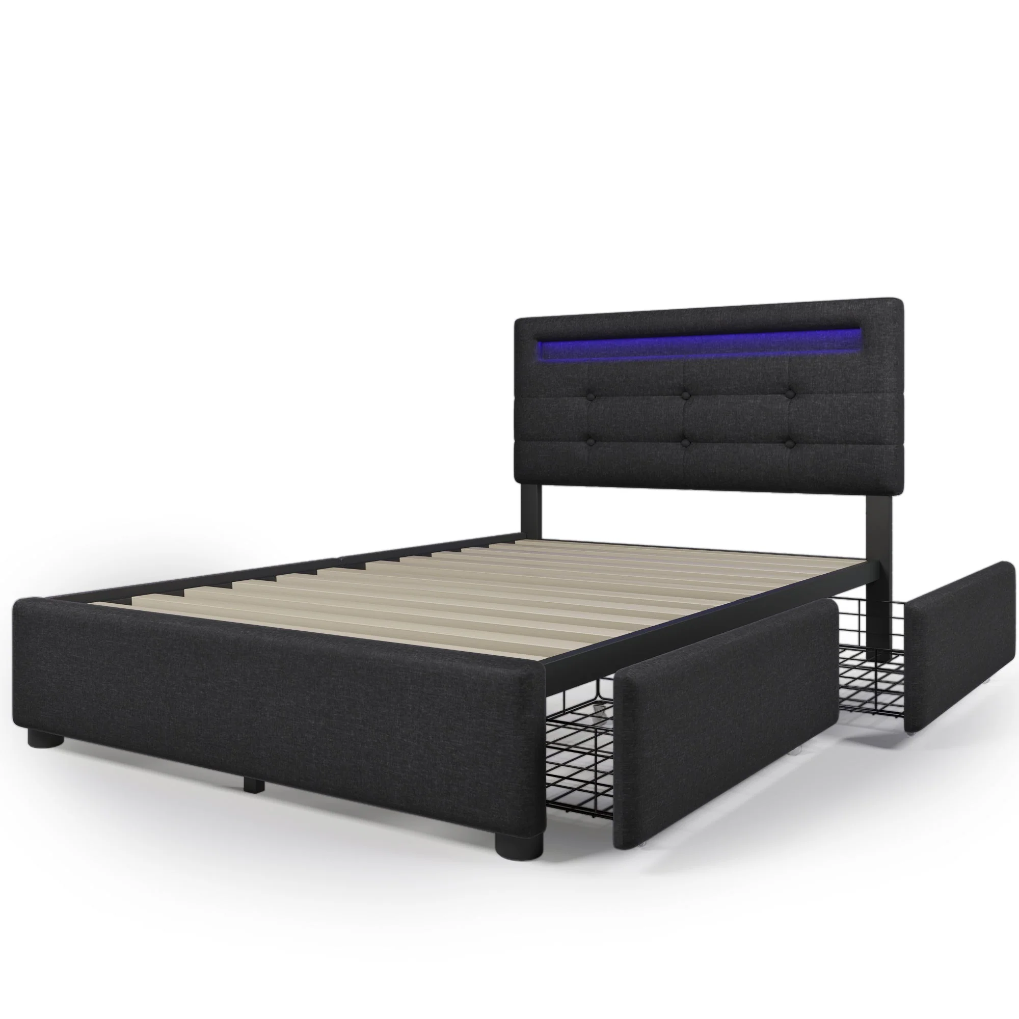 Bed Frame with LED, 2 Drawers, Adjustable Headboard, Black - Image 10