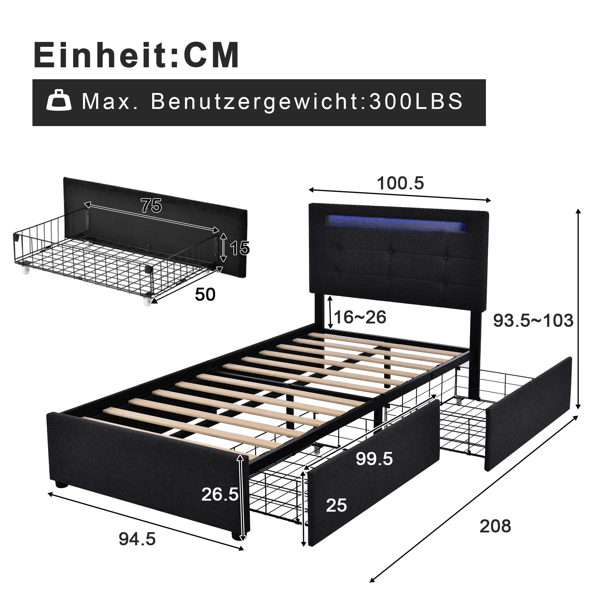 Bed Frame with LED, 2 Drawers, Adjustable Headboard, Black - Image 2
