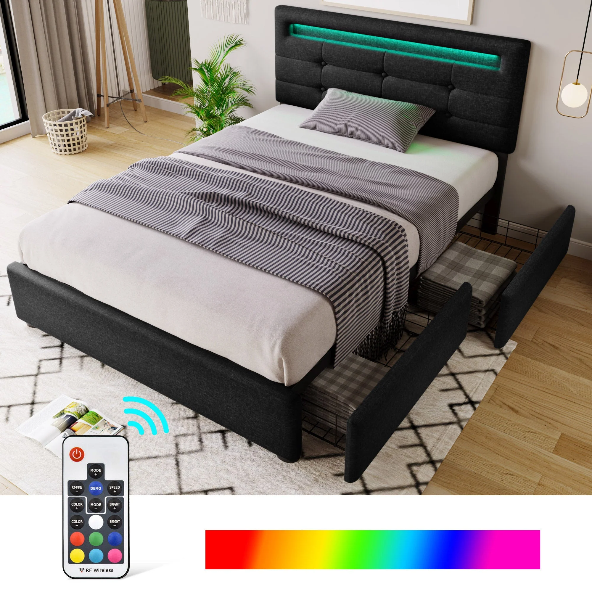 Bed Frame with LED, 2 Drawers, Adjustable Headboard, Black - Image 3