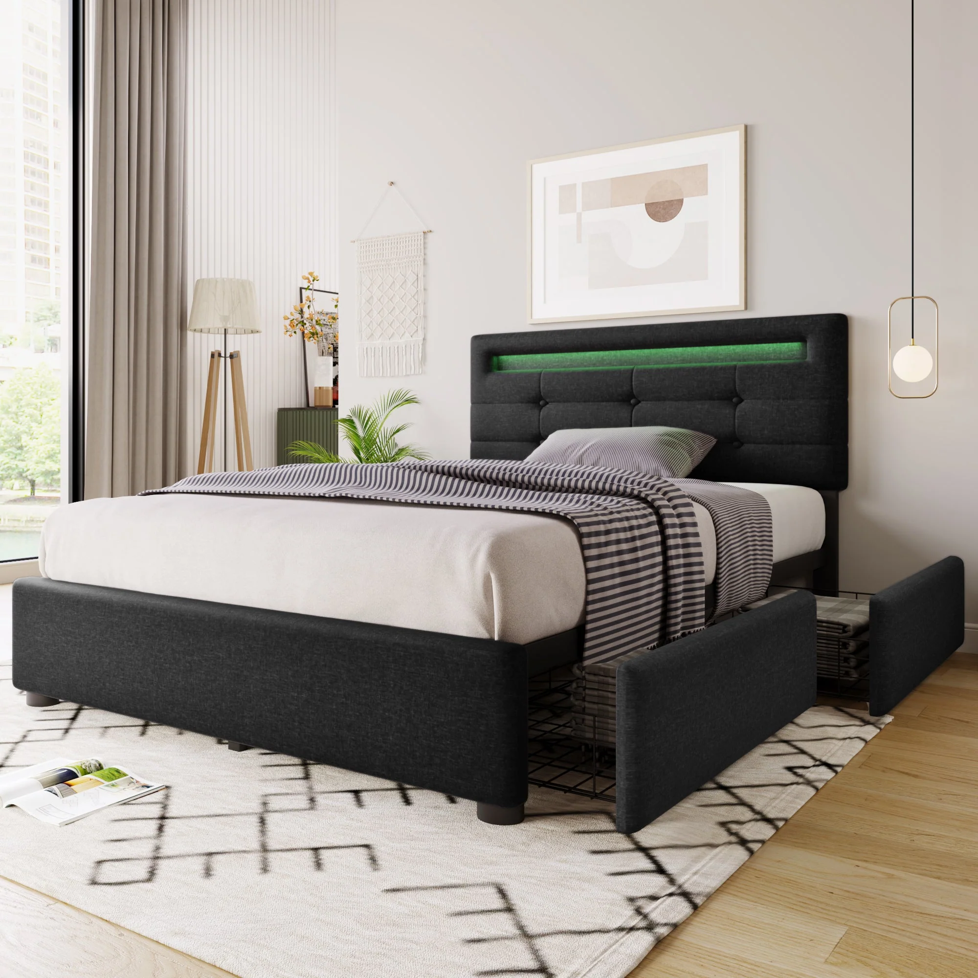 Bed Frame with LED, 2 Drawers, Adjustable Headboard, Black - Image 7