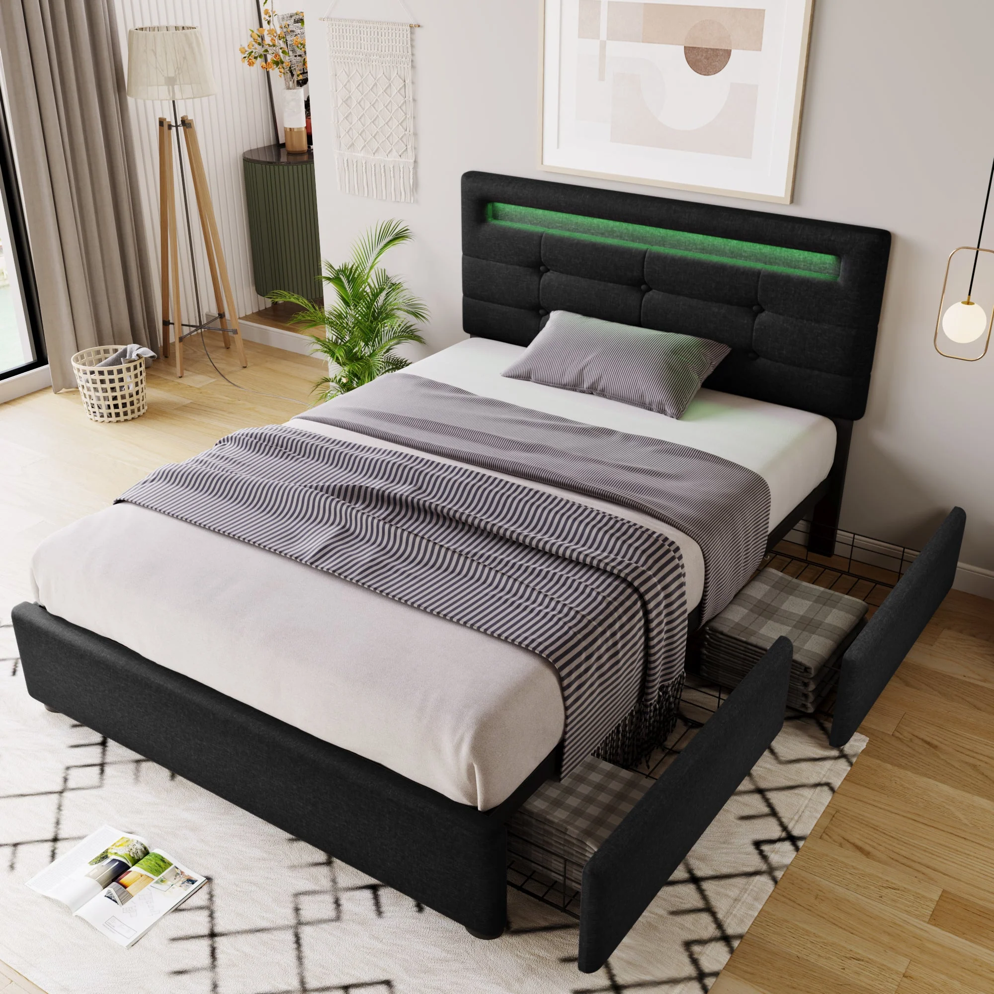 Bed Frame with LED, 2 Drawers, Adjustable Headboard, Black - Image 8
