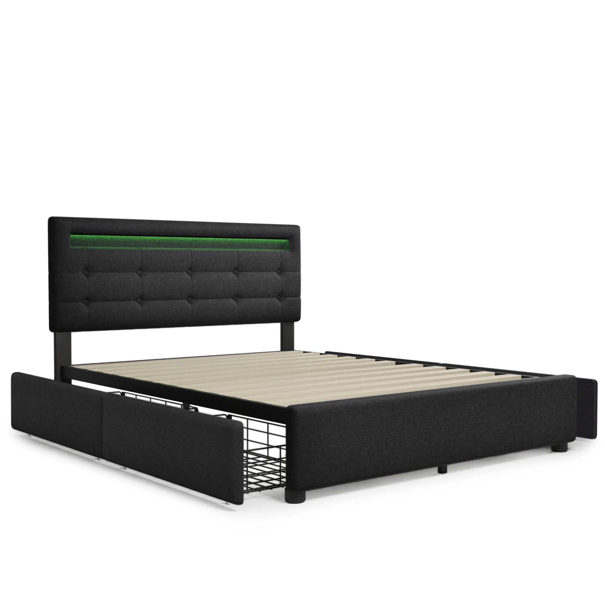 Bed Frame with LED, 4 Drawers, Adjustable Headboard, Black - Image 10