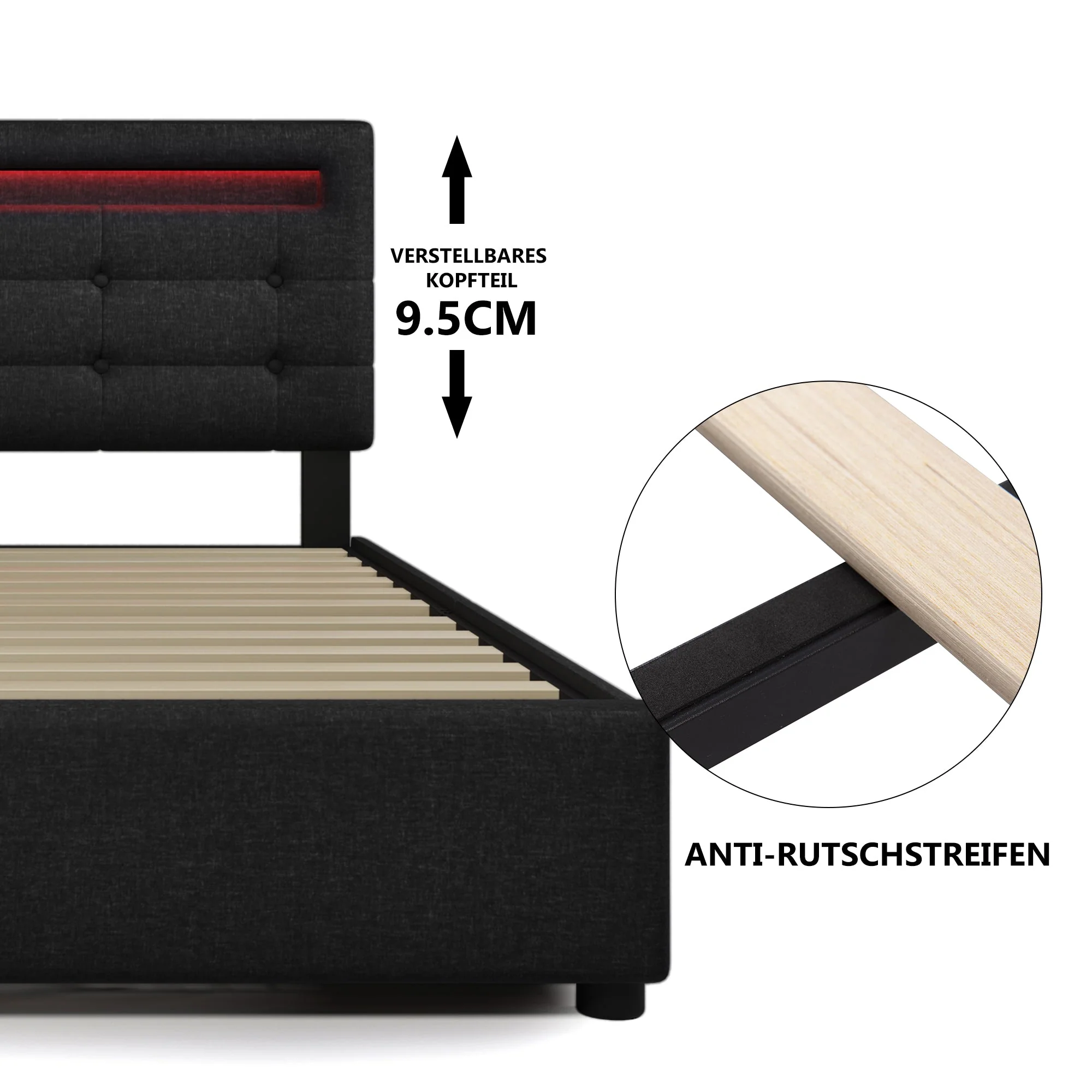 Bed Frame with LED, 4 Drawers, Adjustable Headboard, Black - Image 3