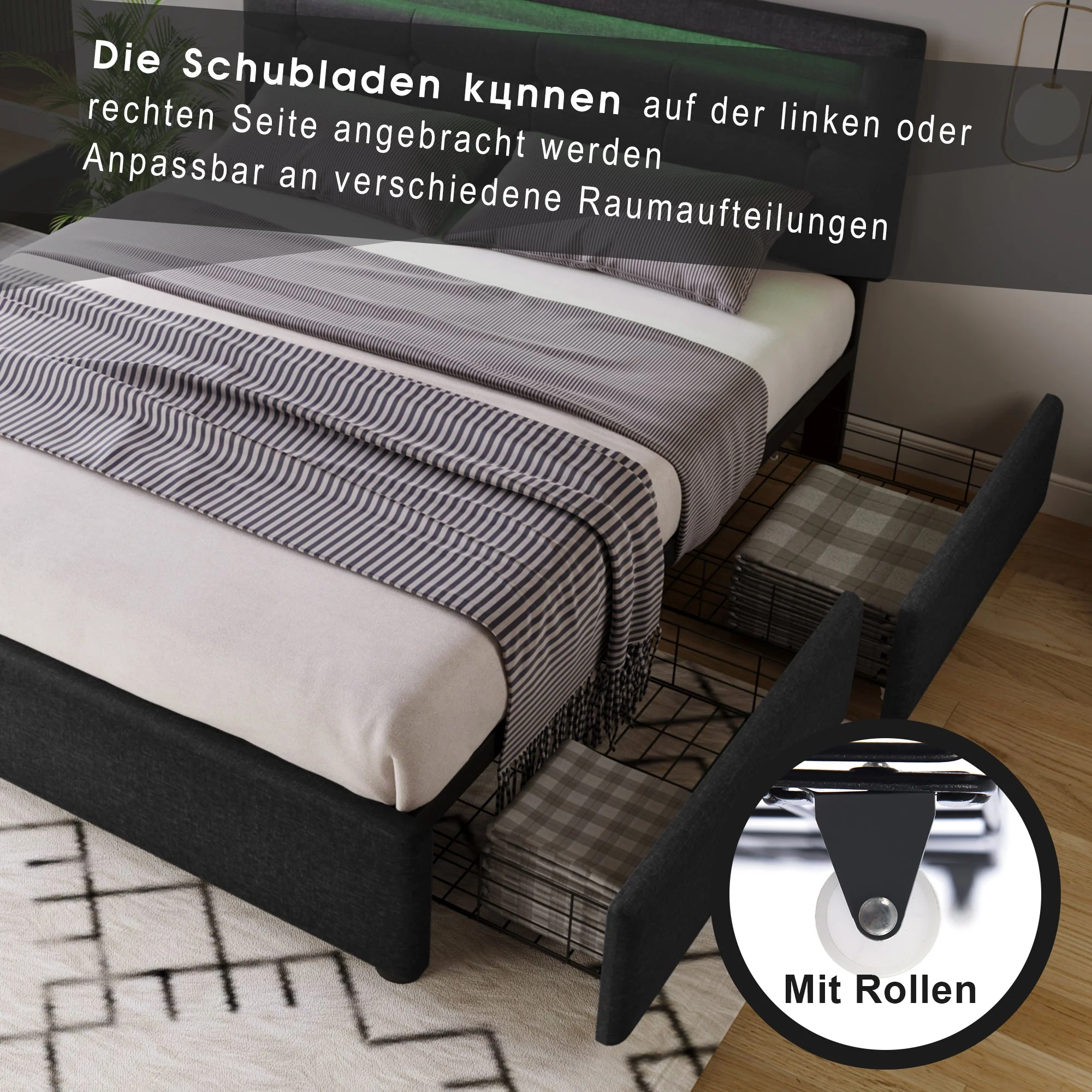 Bed Frame with LED, 4 Drawers, Adjustable Headboard, Black - Image 4