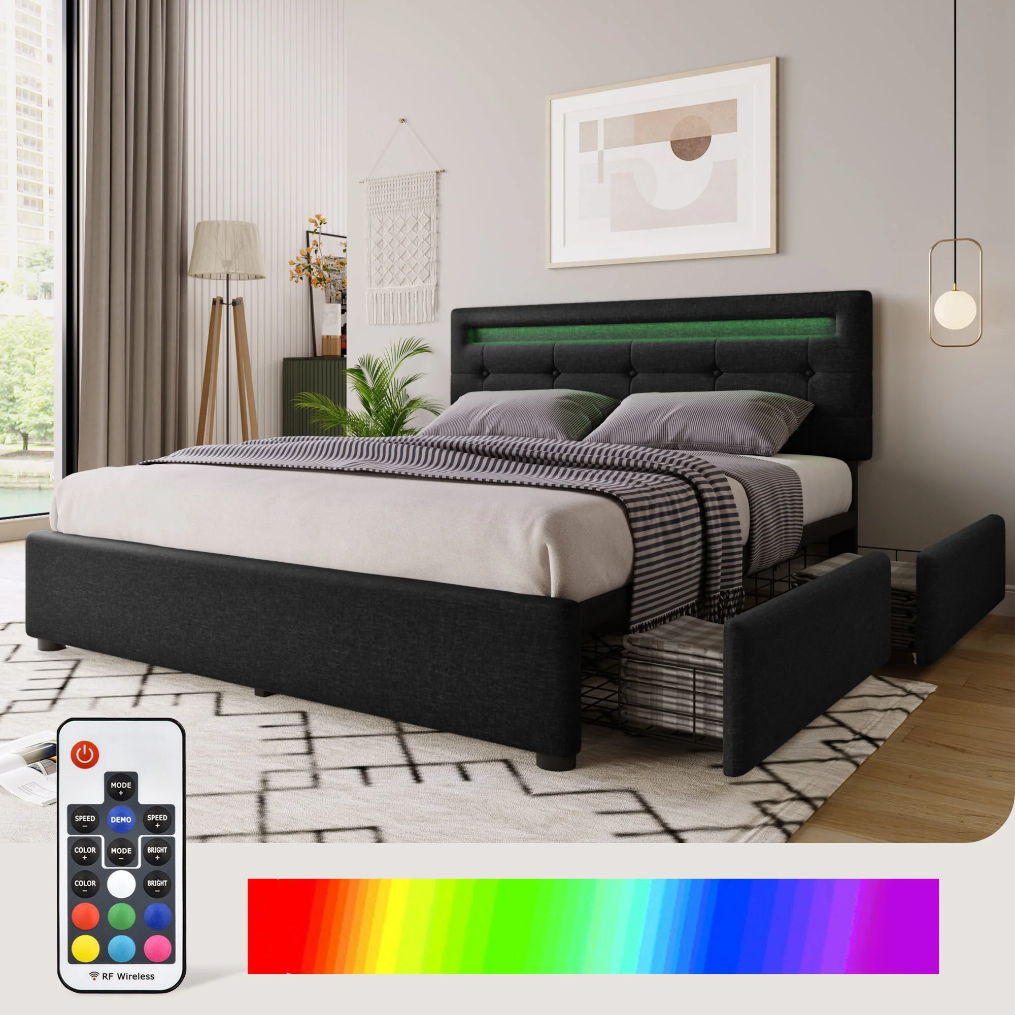 Bed Frame with LED, 4 Drawers, Adjustable Headboard, Black - Image 5