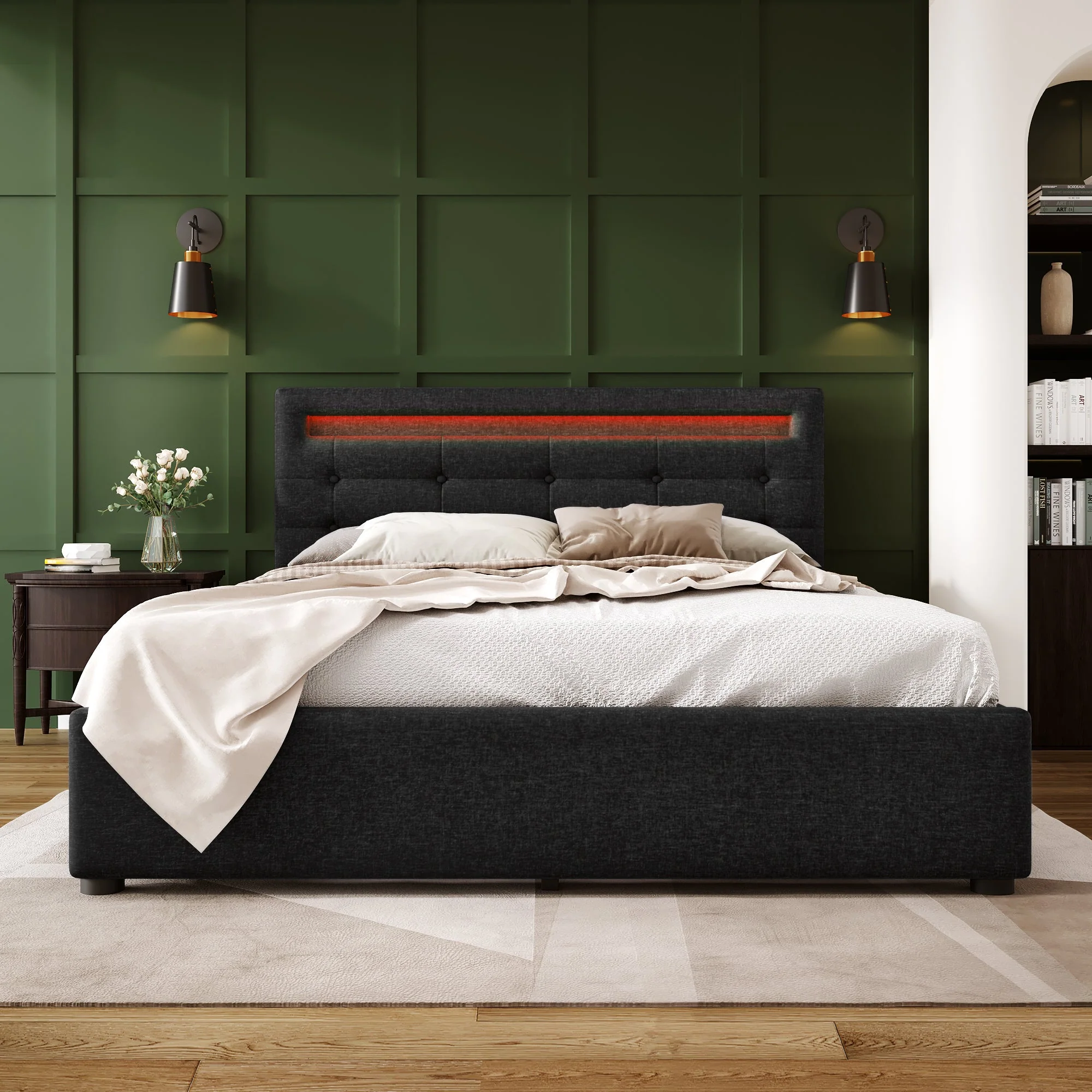 Bed Frame with LED, 4 Drawers, Adjustable Headboard, Black - Image 8