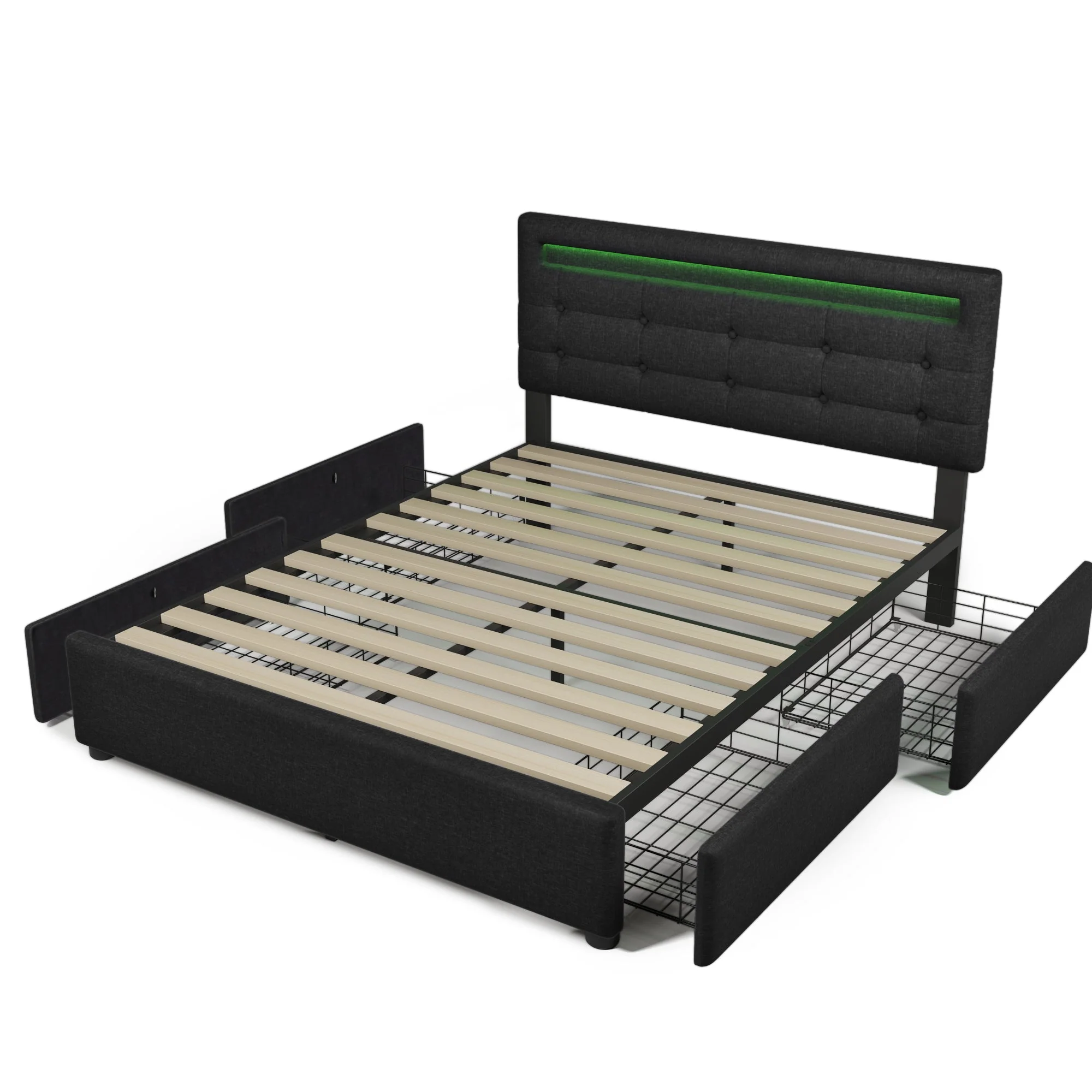 Bed Frame with LED, 4 Drawers, Adjustable Headboard, Black - Image 9