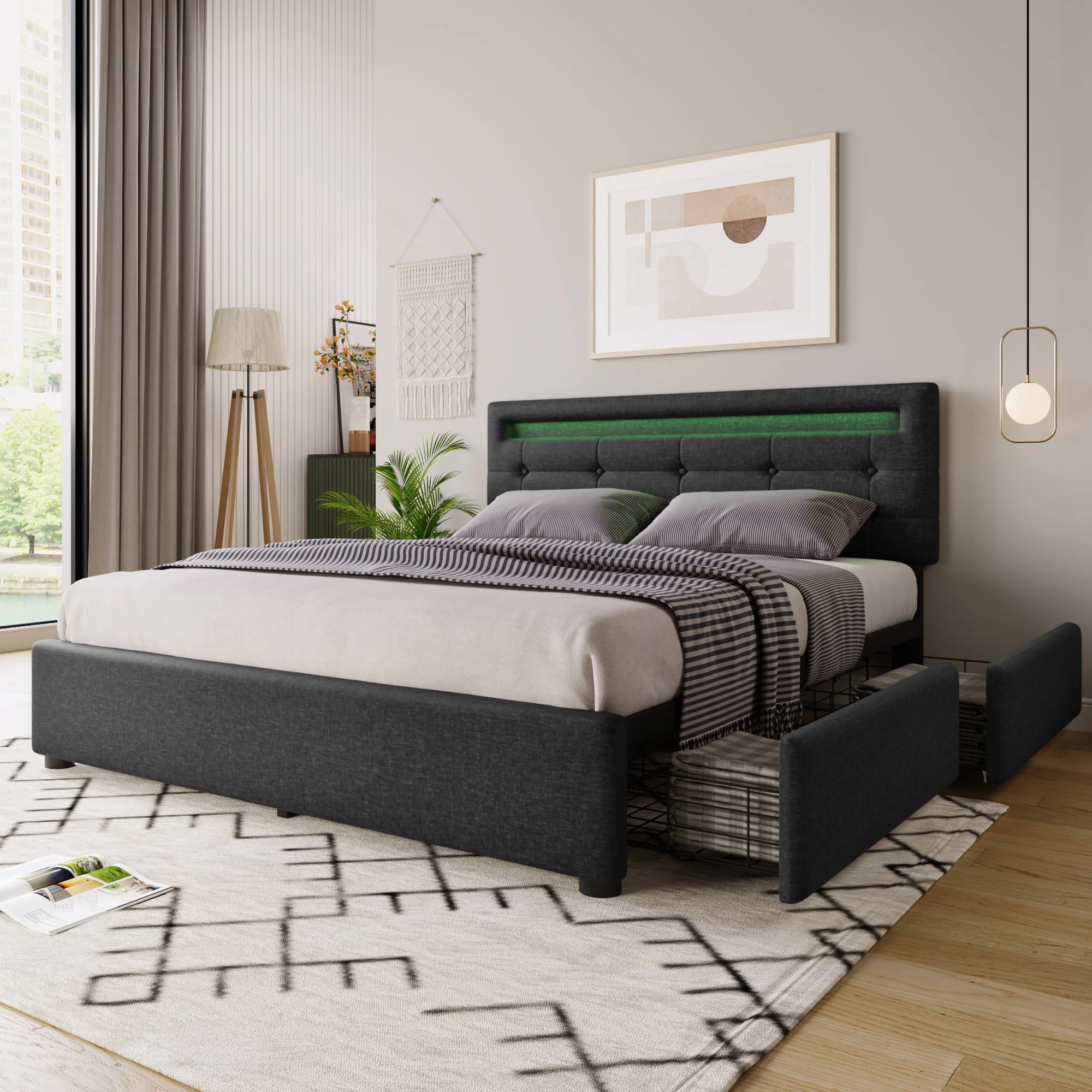 Bed Frame with LED Lighting, 4 Drawers, Adjustable Headboard, Wooden Slats, Grey - Image 2
