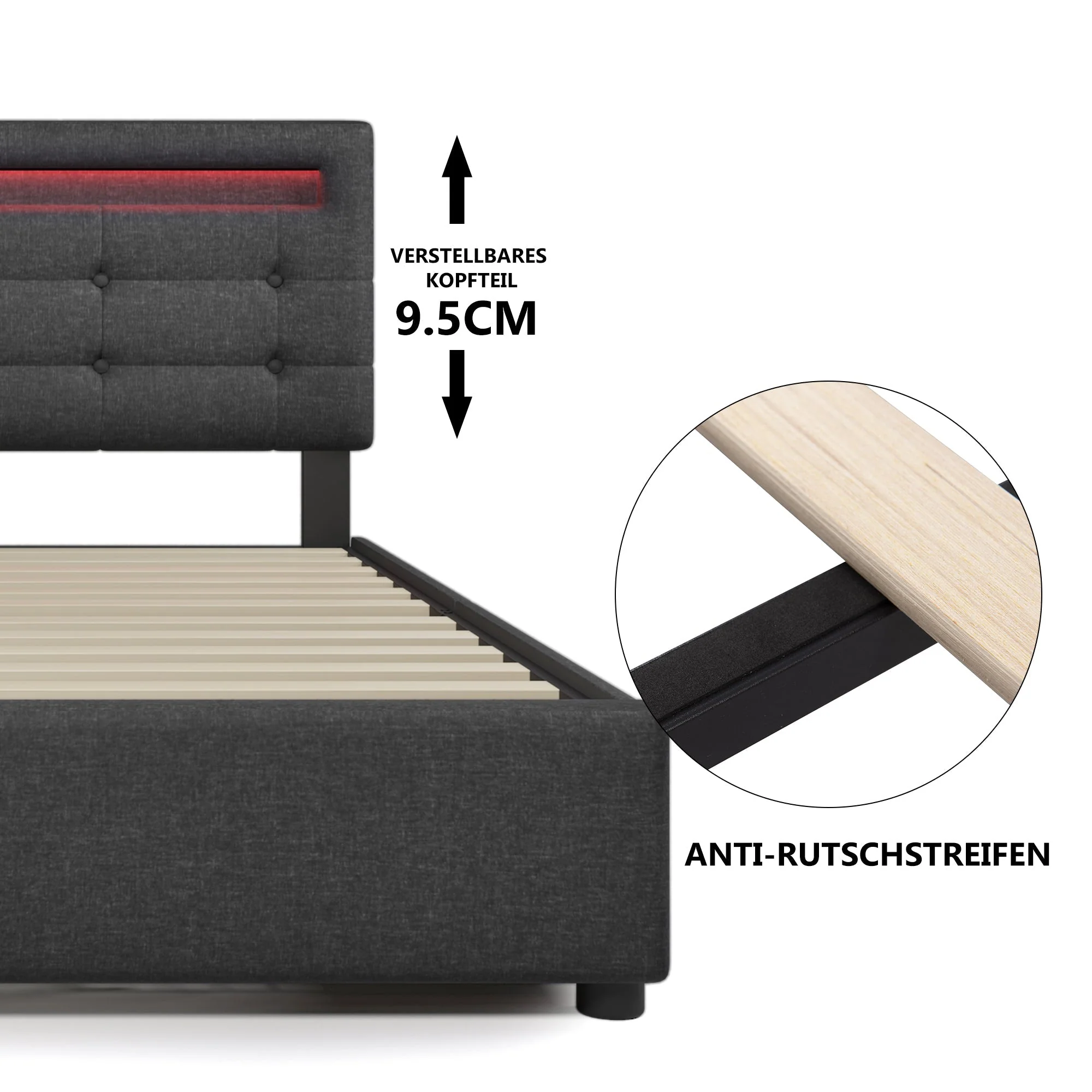 Bed Frame with LED Lighting, 4 Drawers, Adjustable Headboard, Wooden Slats, Grey - Image 6