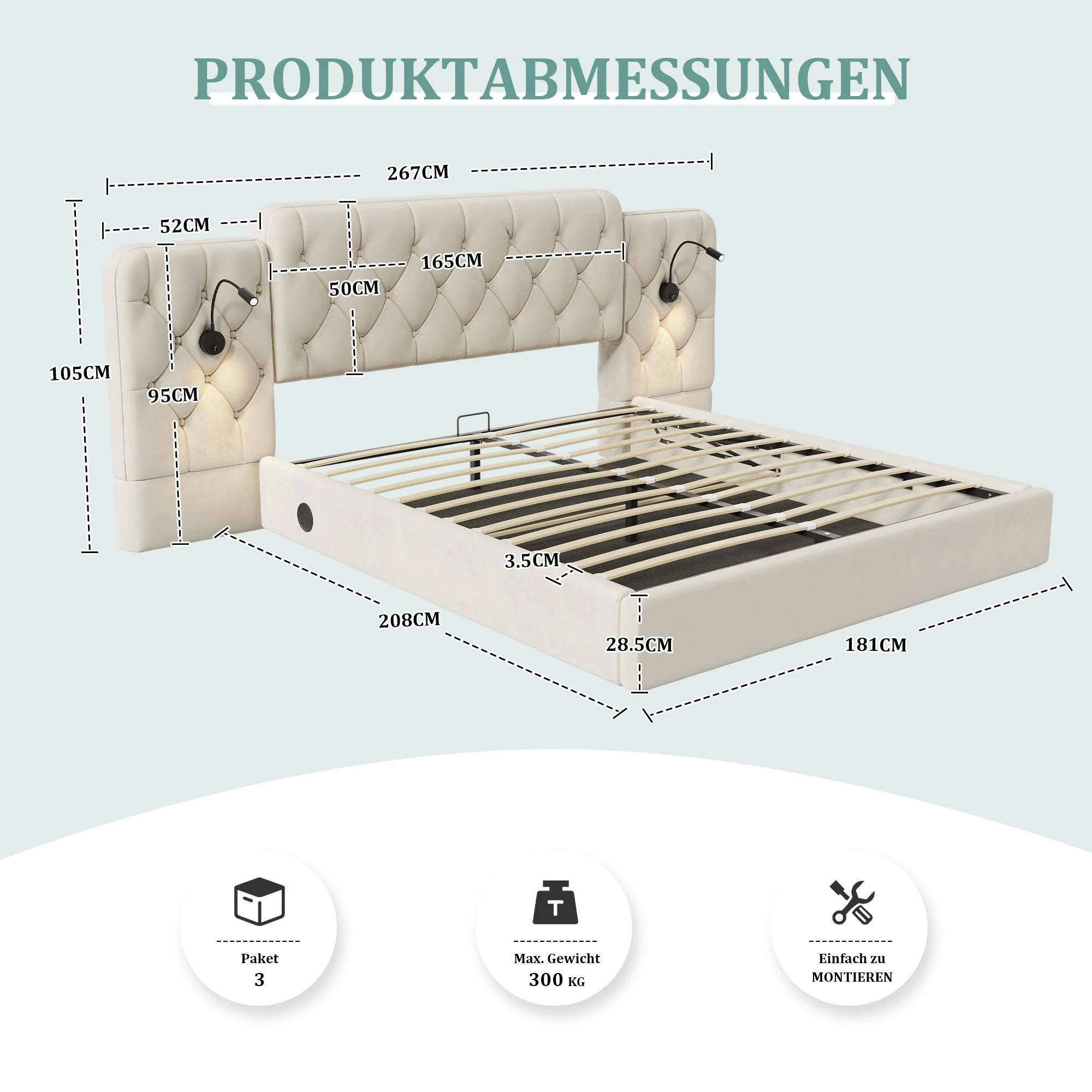 Bed Frame with Long Headboard, Hydraulic Storage USB Velvet, Beige - Image 2