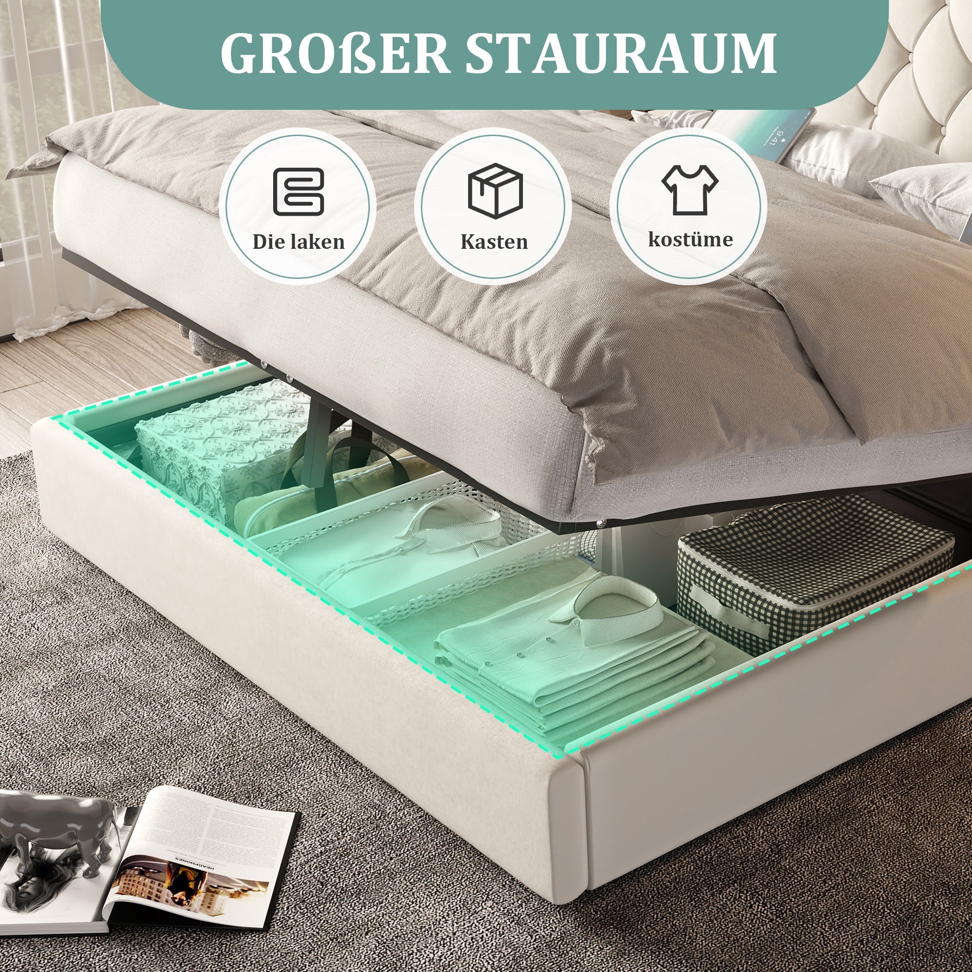 Bed Frame with Long Headboard, Hydraulic Storage USB Velvet, Beige - Image 4
