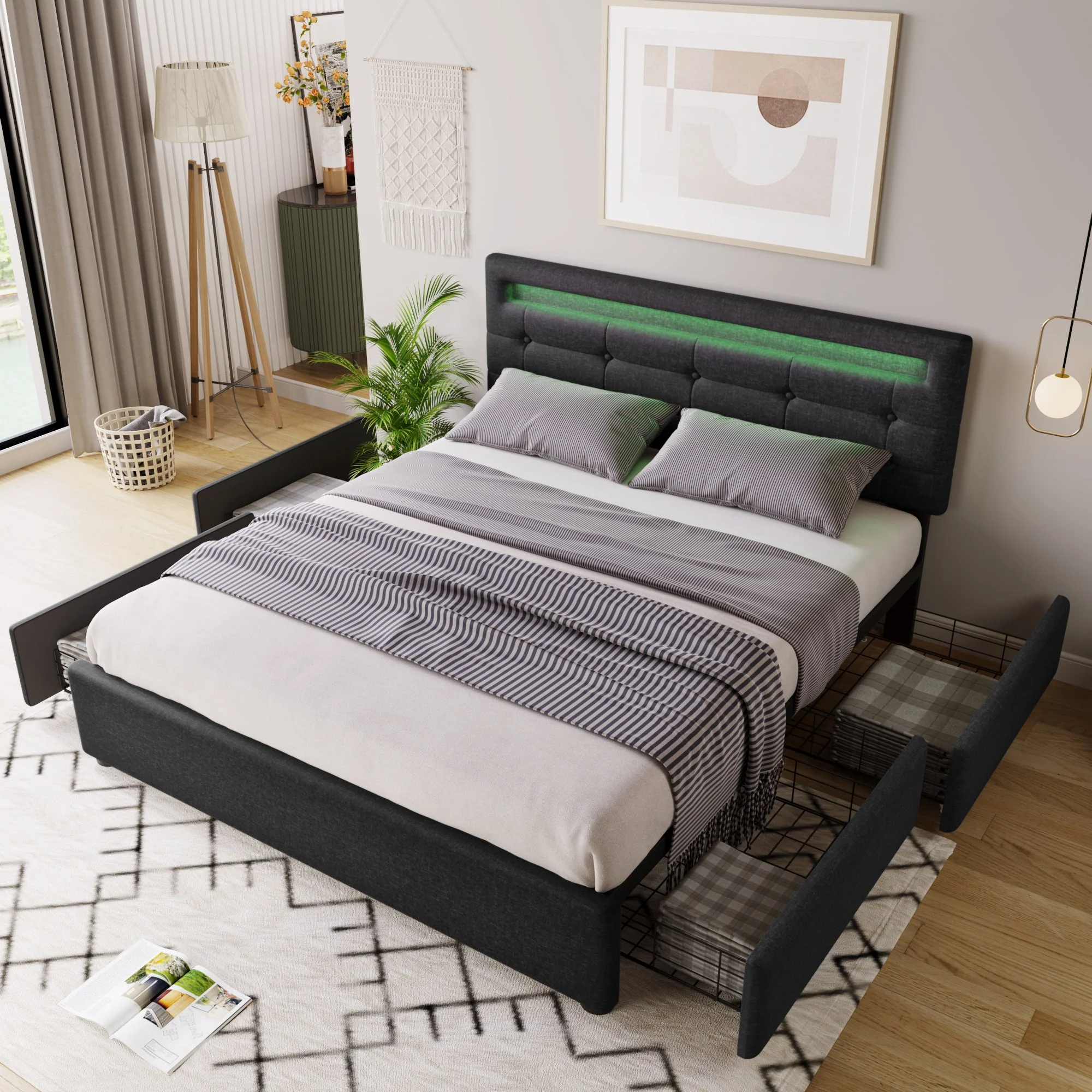 Bed Frame with Mattress, LED Lighting, 4 Drawers, Height-Adjustable Headboard, Wooden Slatted Frame, Black - Image 4