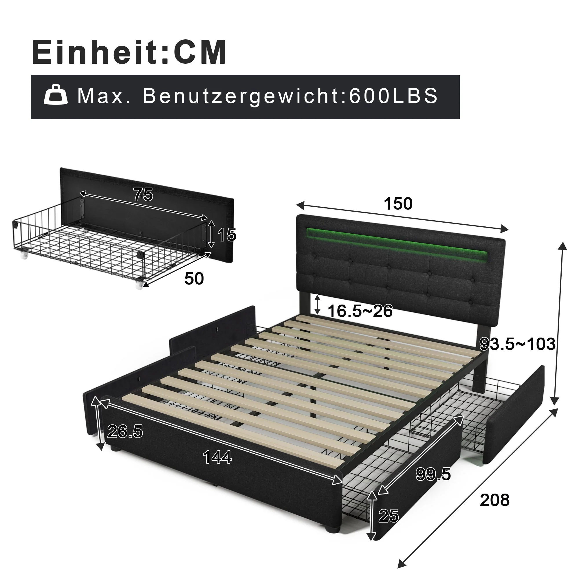 Bed Frame with Mattress, LED Lighting, 4 Drawers, Height-Adjustable Headboard, Wooden Slatted Frame, Black - Image 6