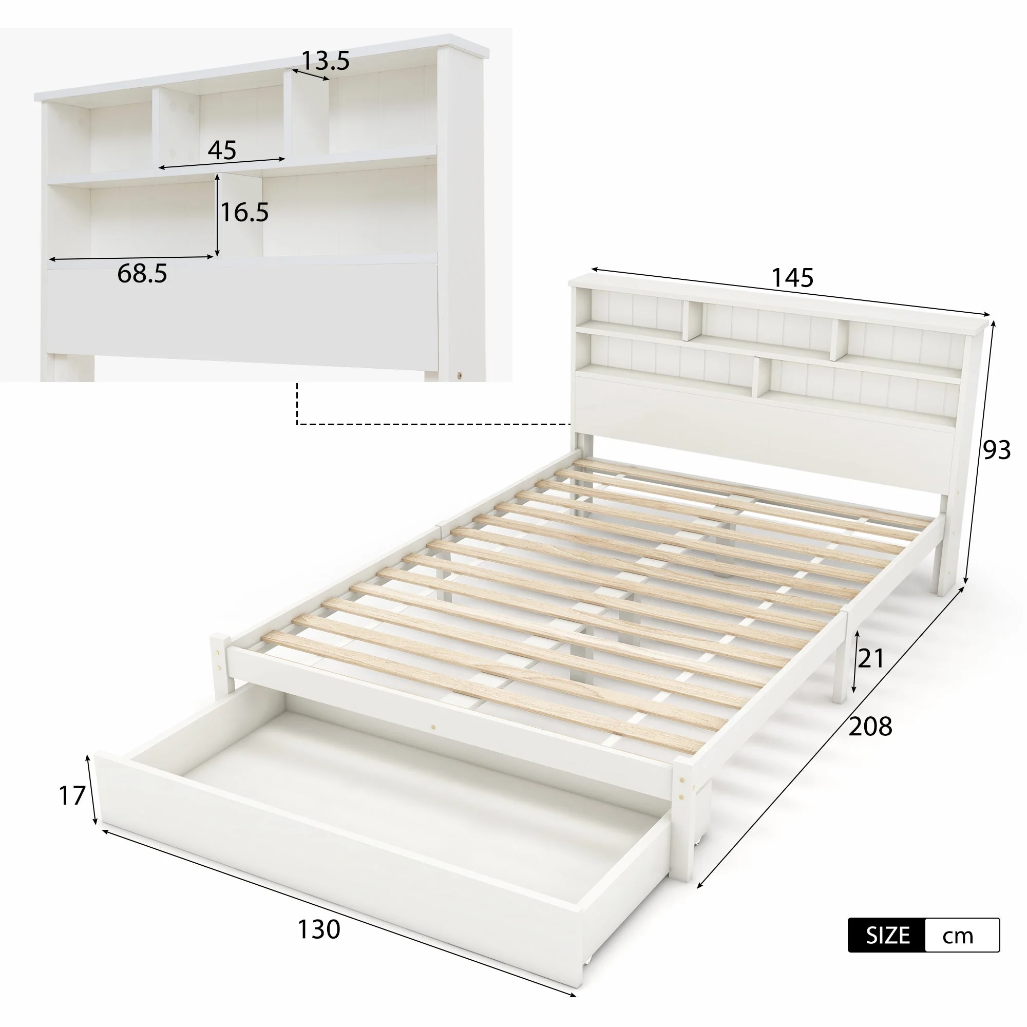 Bed with Shelves and Underbed Drawer, 4ft6 Double (135 x 190 cm) White Wooden Storage Bed - Image 6