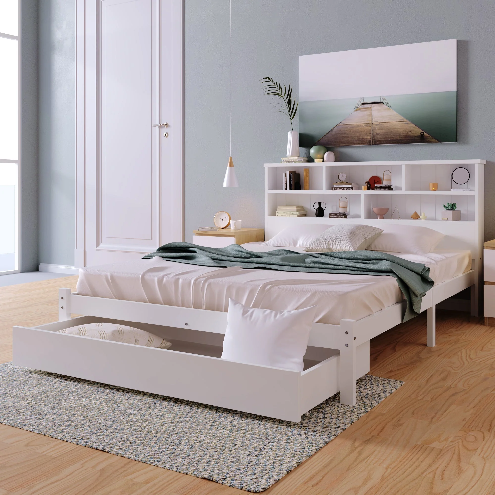 Bed with Shelves and Underbed Drawer, 4ft6 Double (135 x 190 cm) White Wooden Storage Bed - Image 7
