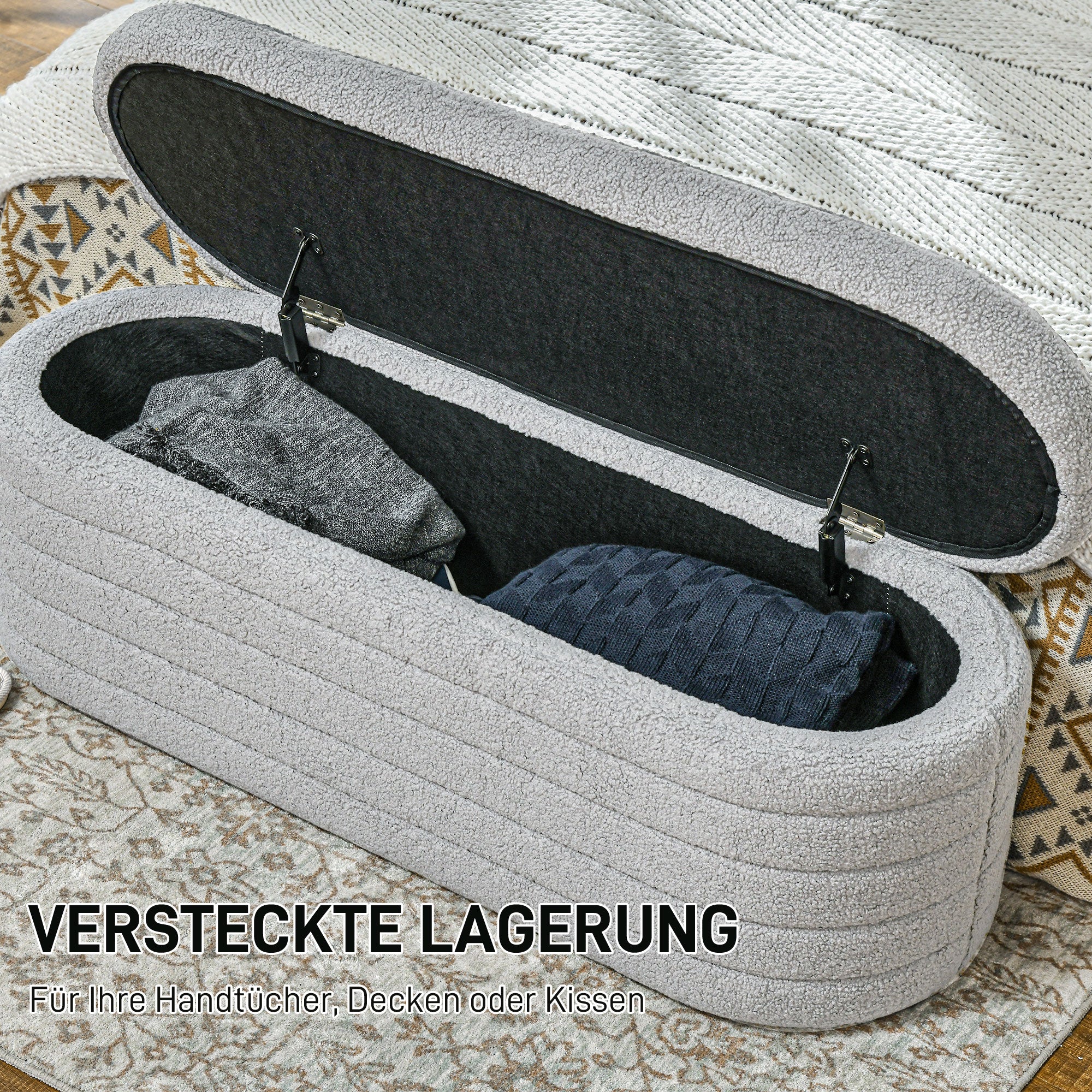 Bedroom Bench Storage Wooden Legs Teddy-Fleece Light Grey - Image 4