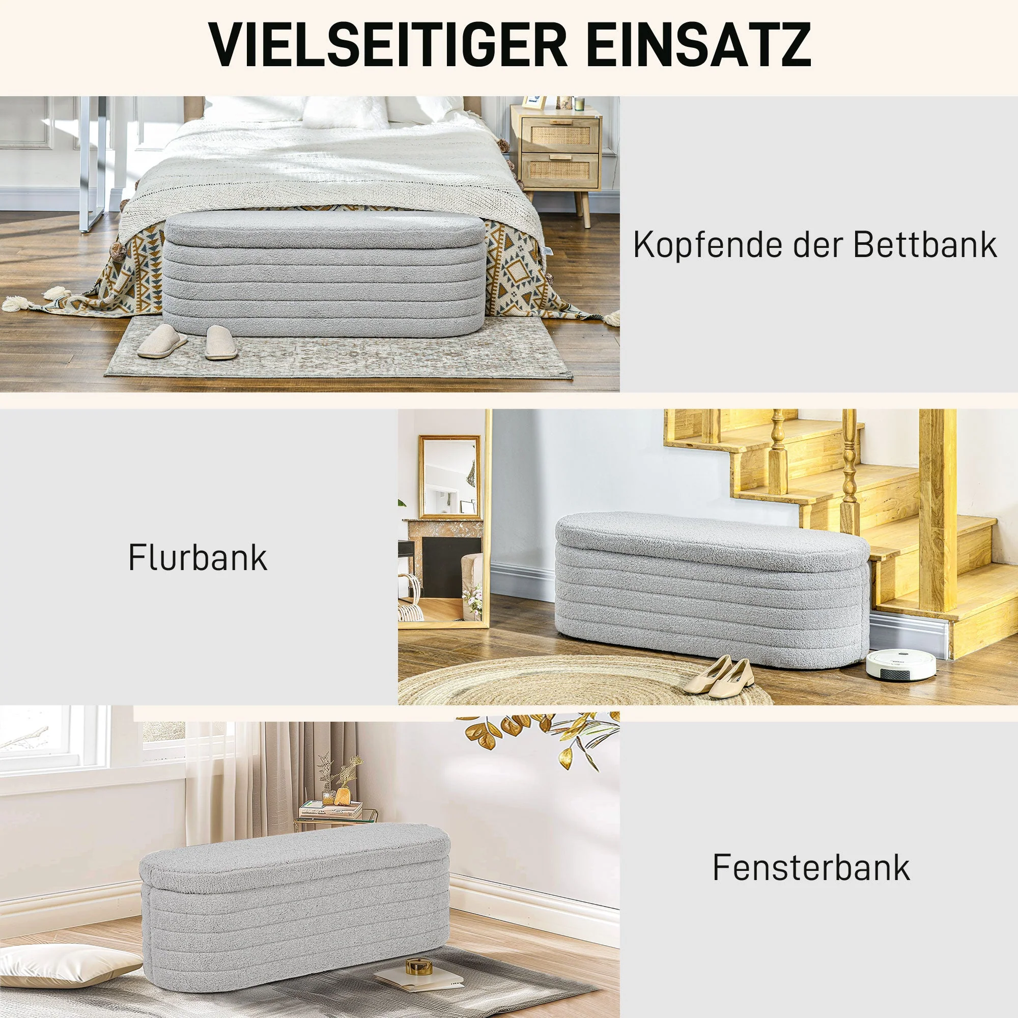 Bedroom Bench Storage Wooden Legs Teddy-Fleece Light Grey - Image 6