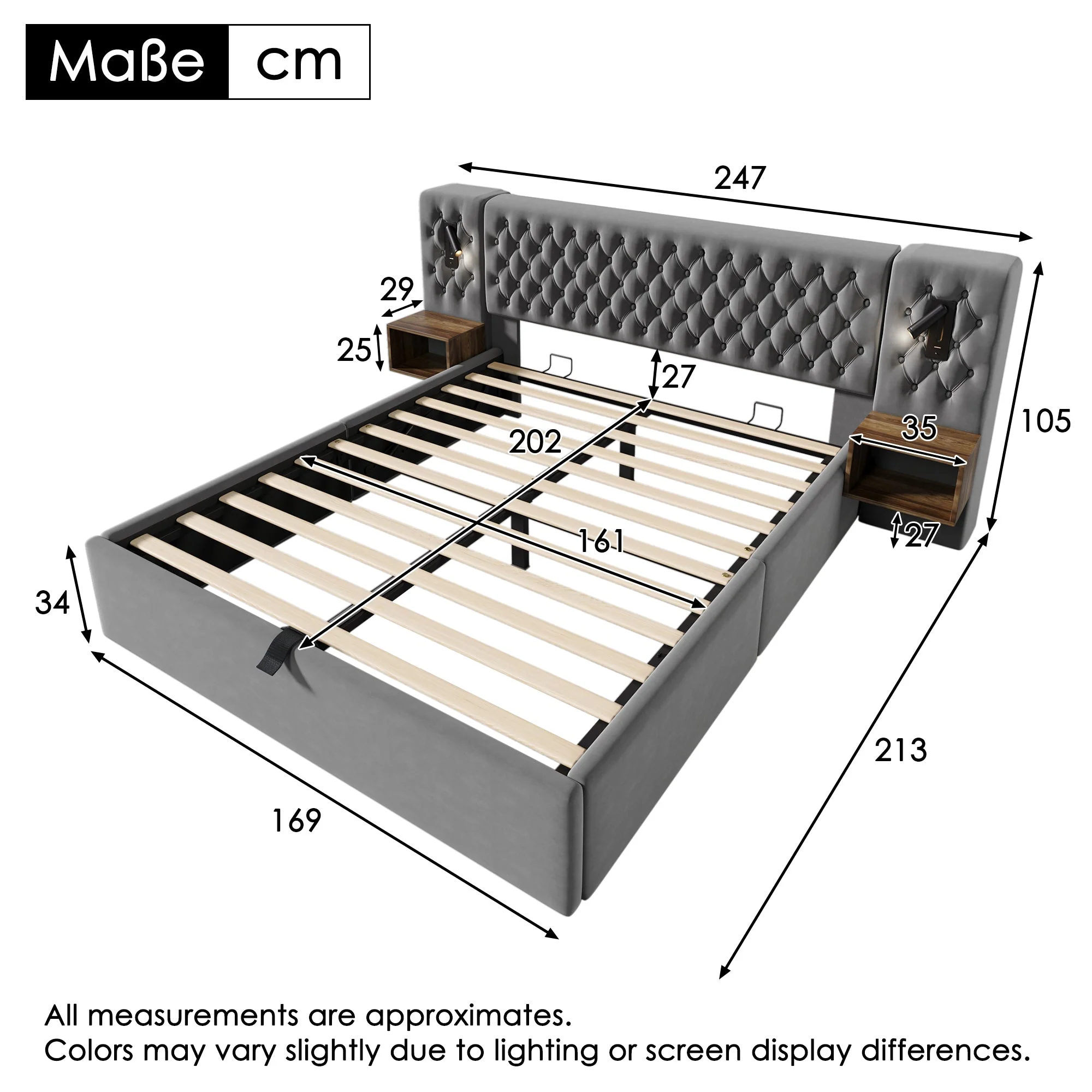 Bedroom Complete Set, Upholstered Hydraulic Storage Double Bed with 2 Bedside Tables, Reading Light, USB Charging, Gray Velvet - Image 2