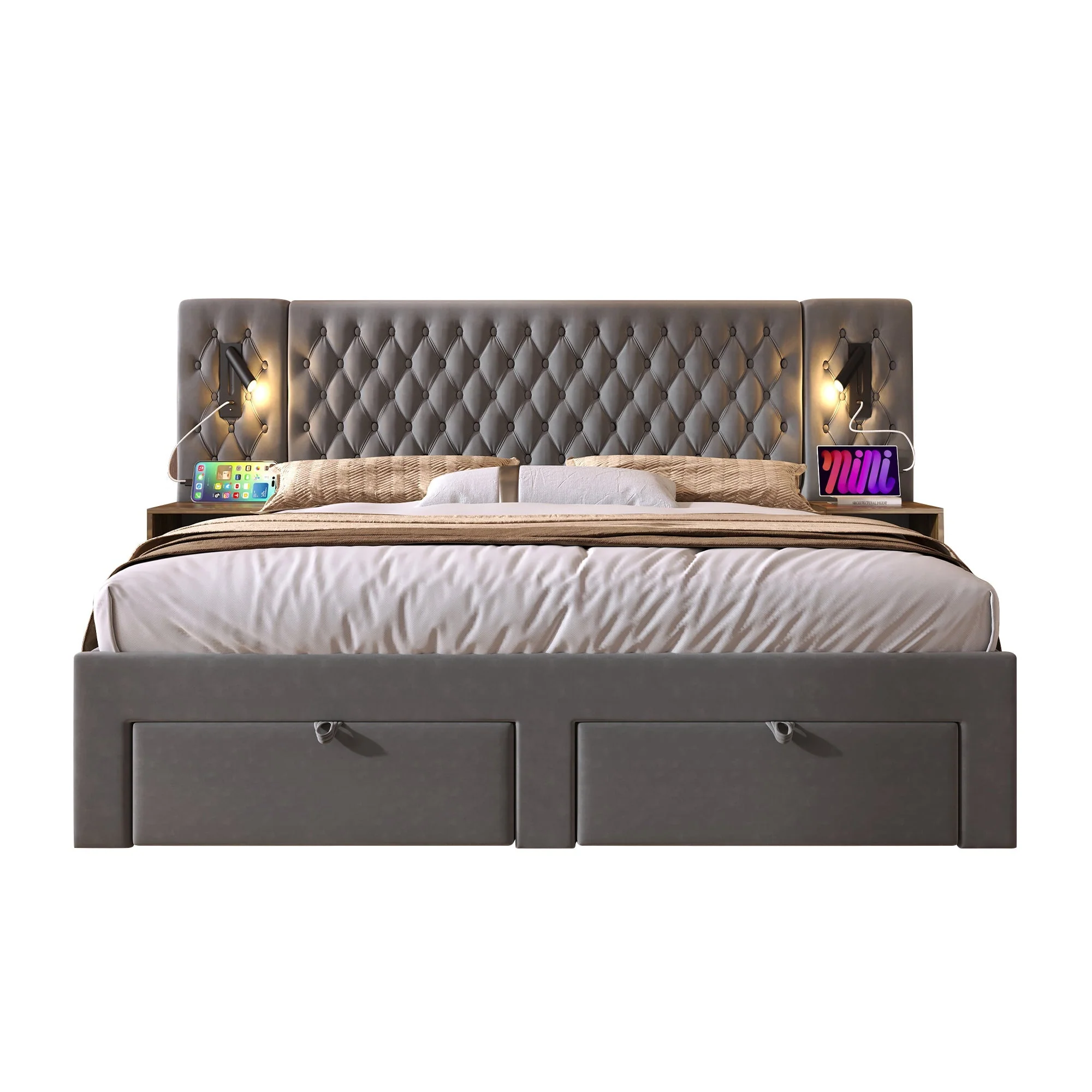 Bedroom Set, Upholstered Double Bed 160×200 cm with 2 Nightstands & 4 Drawers, Headboard Reading Light with USB Charging, Gray Velvet (With Mattress) - Image 8