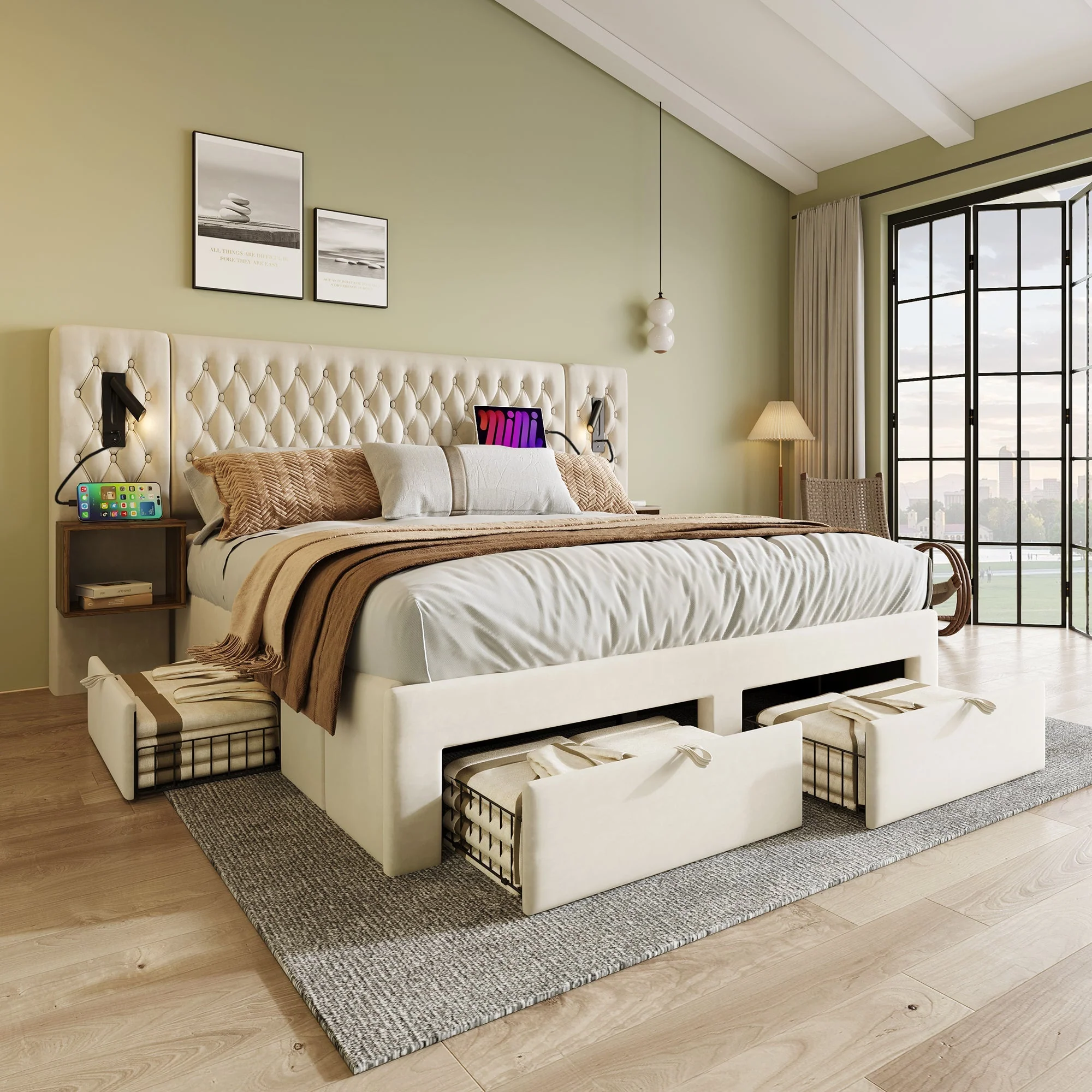 Bedroom Set, Upholstered Double Bed 160x200cm, 2 Nightstands, 4 Drawers, Headboard Reading Light with USB, Beige Velvet - Image 10