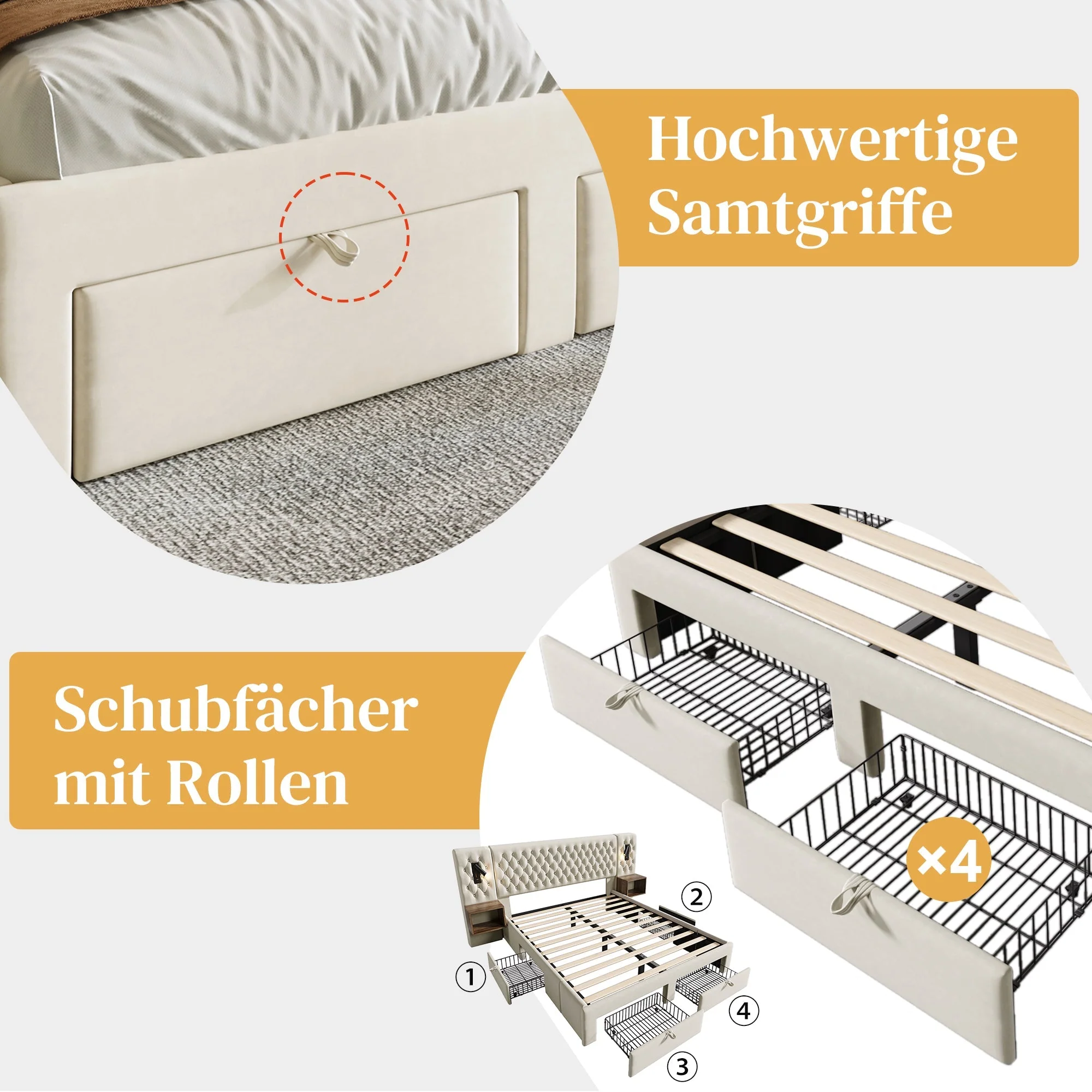 Bedroom Set, Upholstered Double Bed 160x200cm, 2 Nightstands, 4 Drawers, Headboard Reading Light with USB, Beige Velvet - Image 4