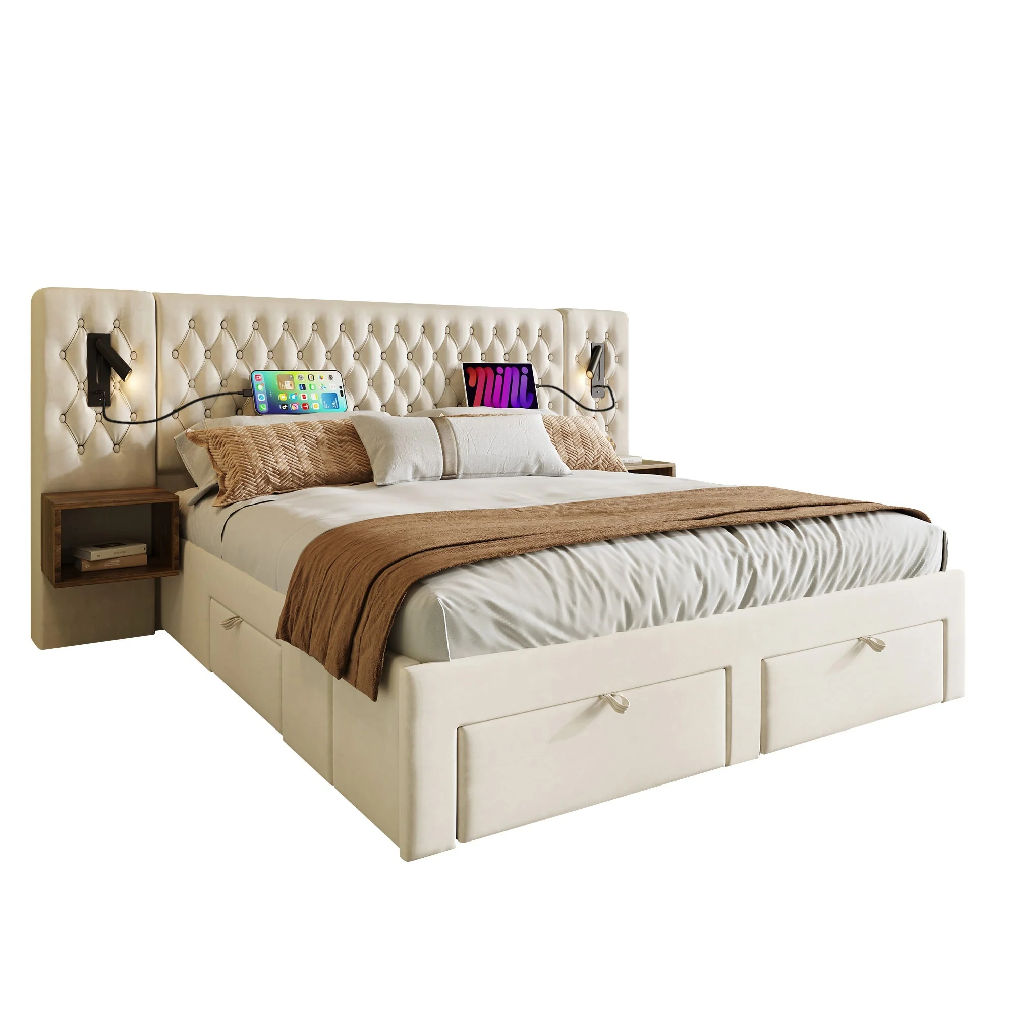 Bedroom Set, Upholstered Double Bed 160x200cm, 2 Nightstands, 4 Drawers, Headboard Reading Light with USB, Beige Velvet - Image 7