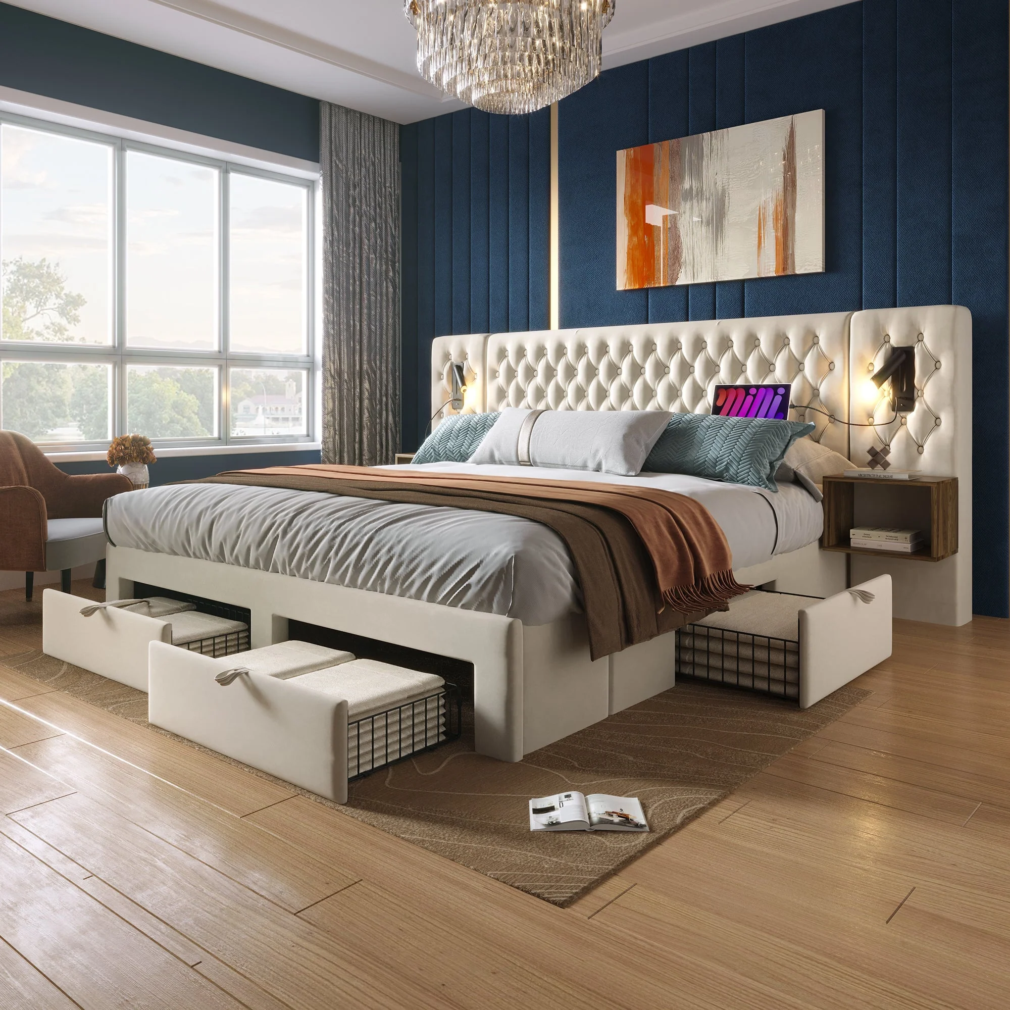 Bedroom Set, Upholstered Double Bed 160x200cm, 2 Nightstands, 4 Drawers, Headboard Reading Light with USB, Beige Velvet - Image 9
