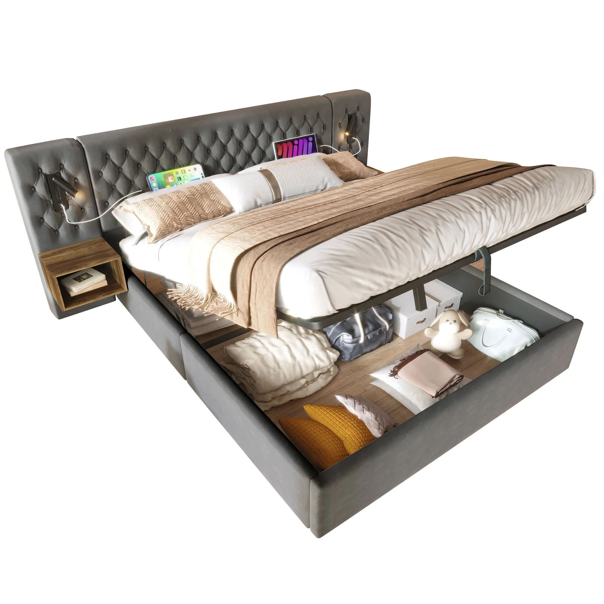 Bedroom Set, Upholstered Hydraulic Storage Double Bed 180x200cm with 2 Nightstands & Headboard Reading Light with USB, Gray Velvet - Image 9