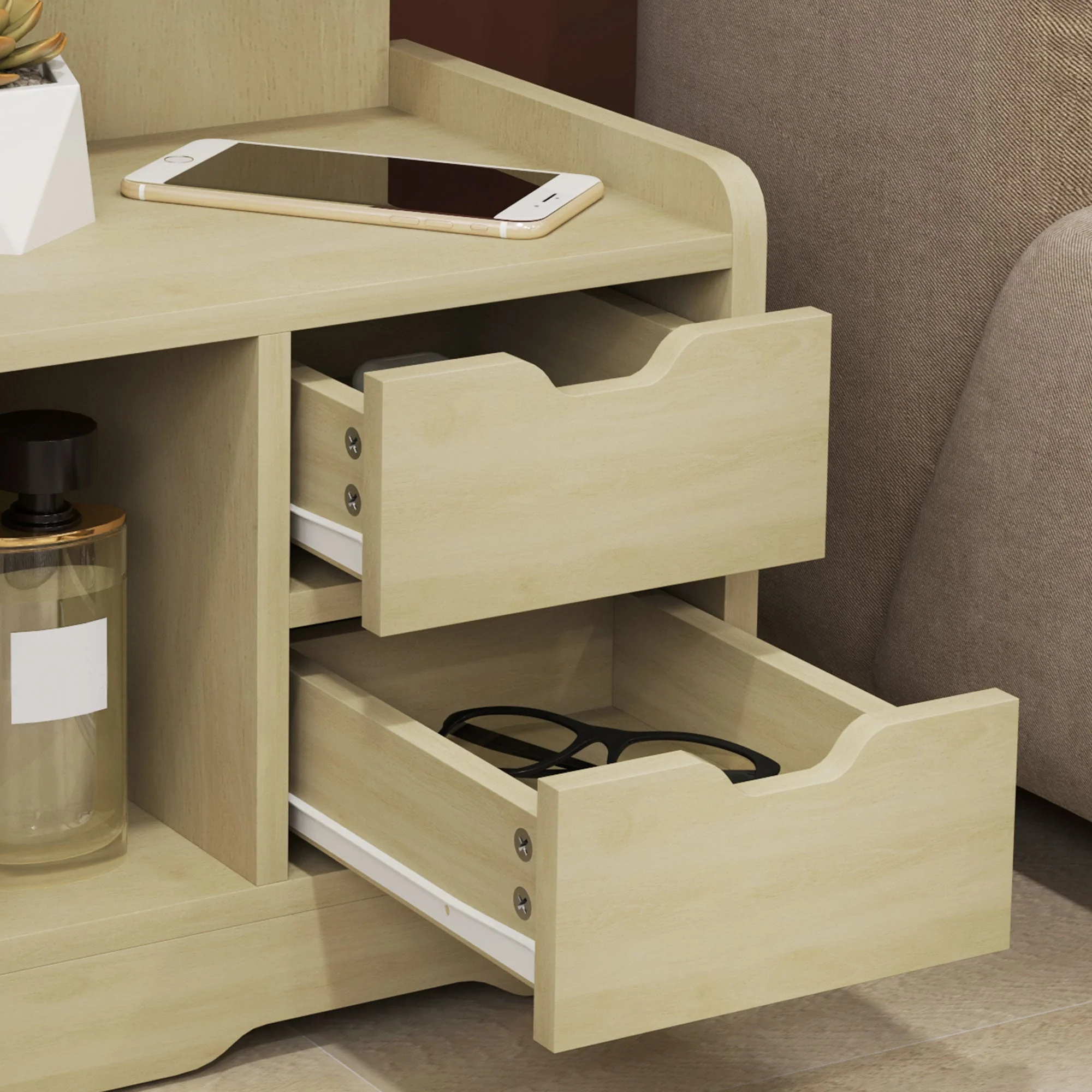 Bedside Table, 2 Drawers, Open Shelf, Natural Wood - Image 8