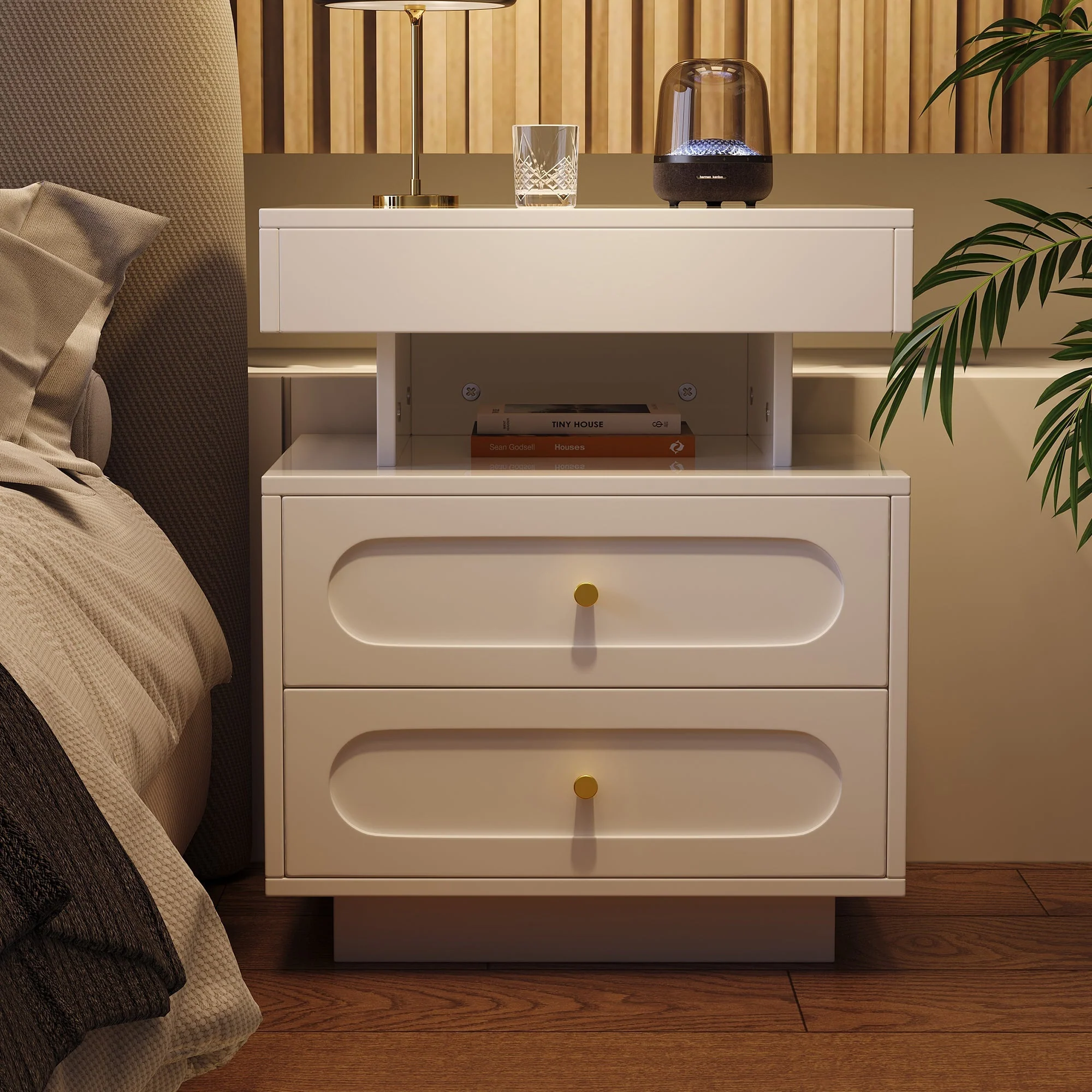 Bedside Table Nightstand with LED, 2 Drawers & Open Storage, White - Image 5