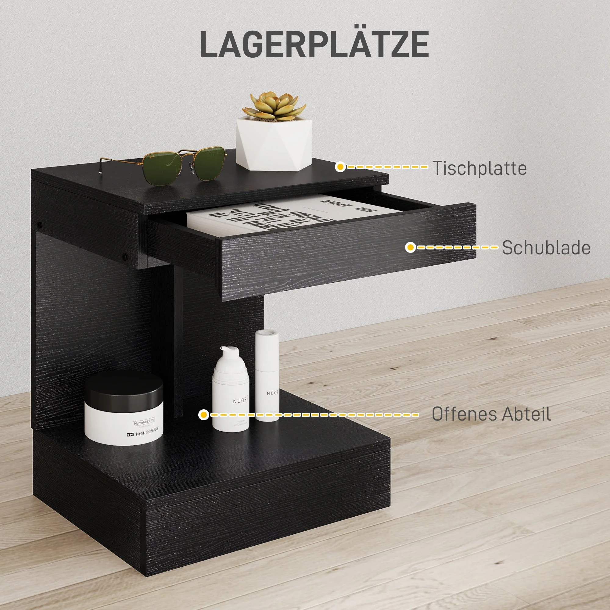 Bedside Table with Drawers, Shelf, 40 x 30 x 46 cm, Black - Image 4